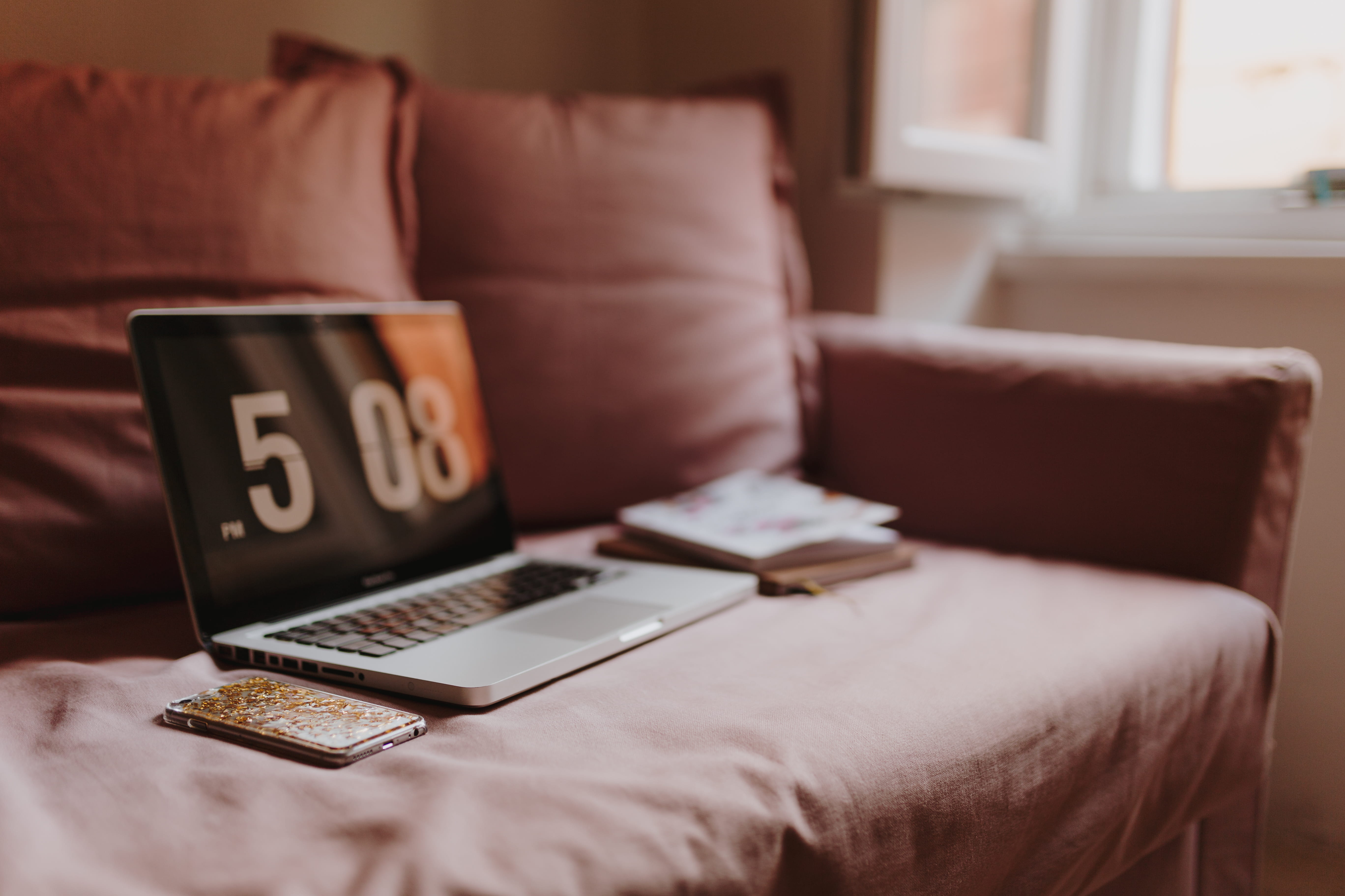 absence, connection, domestic life, study, book, computer, 5K, pillow, communication, sofa, pink, furniture, hotel room, couch, female office, indoors, HD Wallpaper
