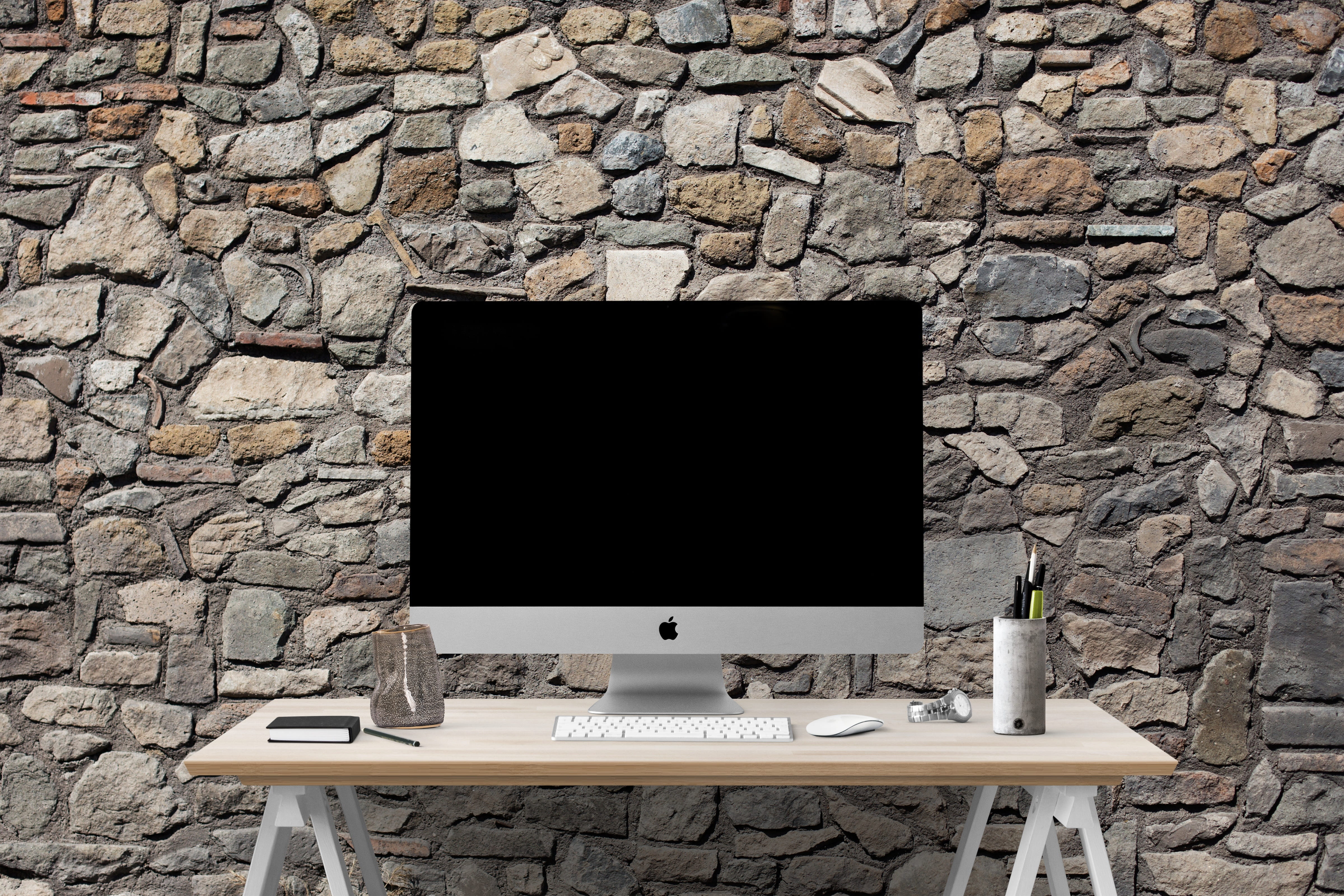 decoration, imac, wall, poster, style, computer equipment, laptop, wireless technology, wooden, white, mockup, silver, computer monitor, blank, furniture, HD Wallpaper