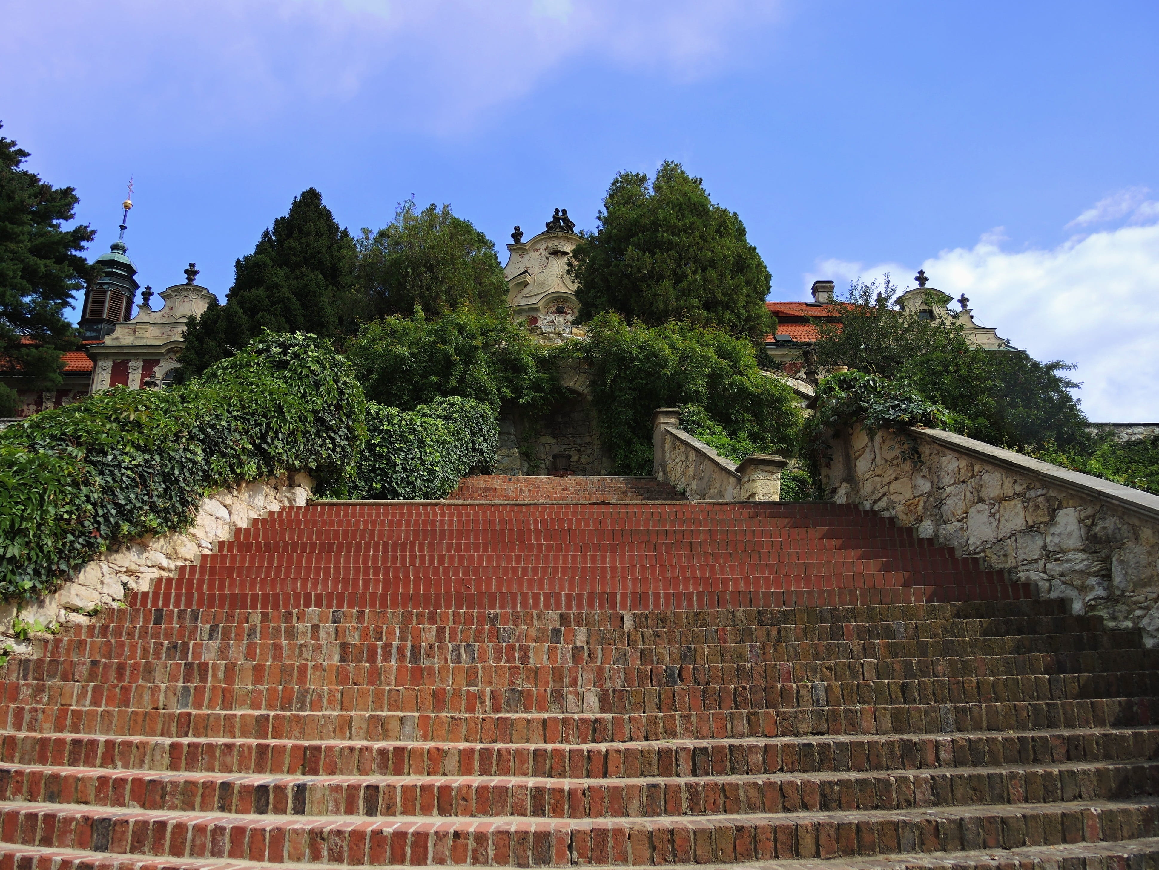 clouds, castle, staircase, monument, house, building, building exterior, travel, czech republic, architecture, blue, tree, day, brick, nature, stairs, no people, HD Wallpaper