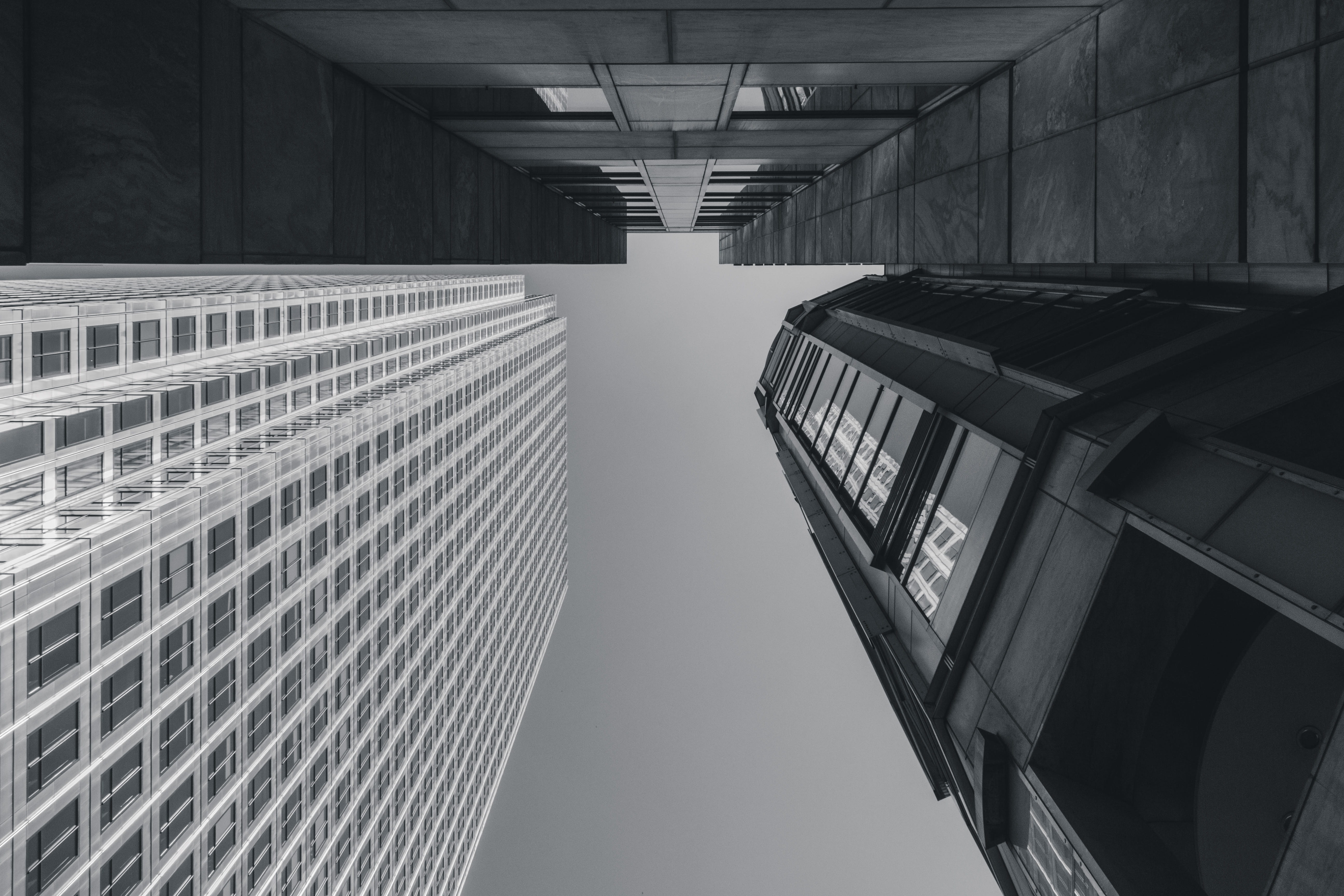 white, architecture, low, black, skyscraper, urban, office, high rise, diminishing perspective, blackandwhite, looking up, tall - high, photography, geometric, HD Wallpaper