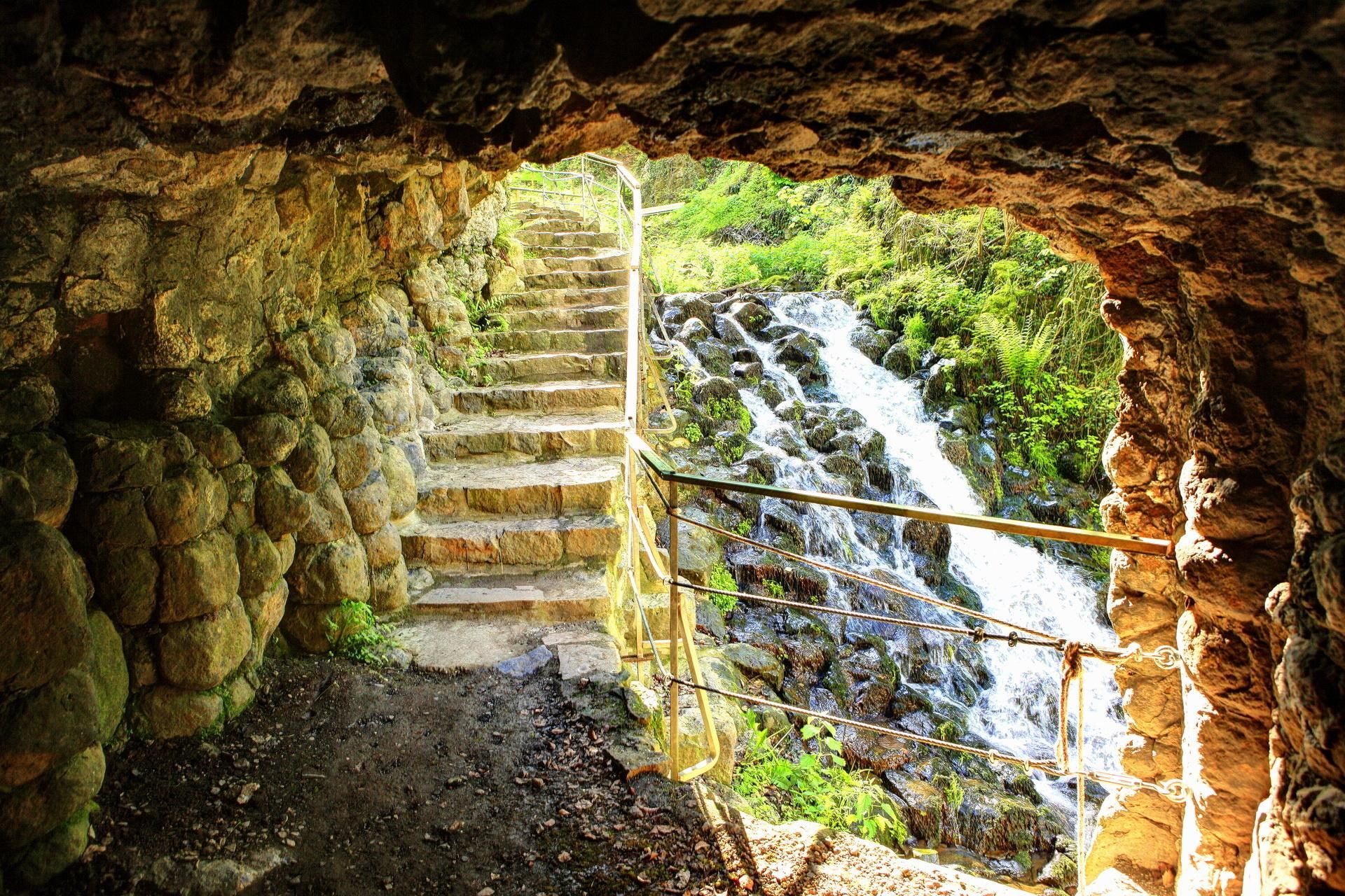 1080P, nature and landscapes, water, cave, stones, path, stairs, creek, waterfall, HD Wallpaper