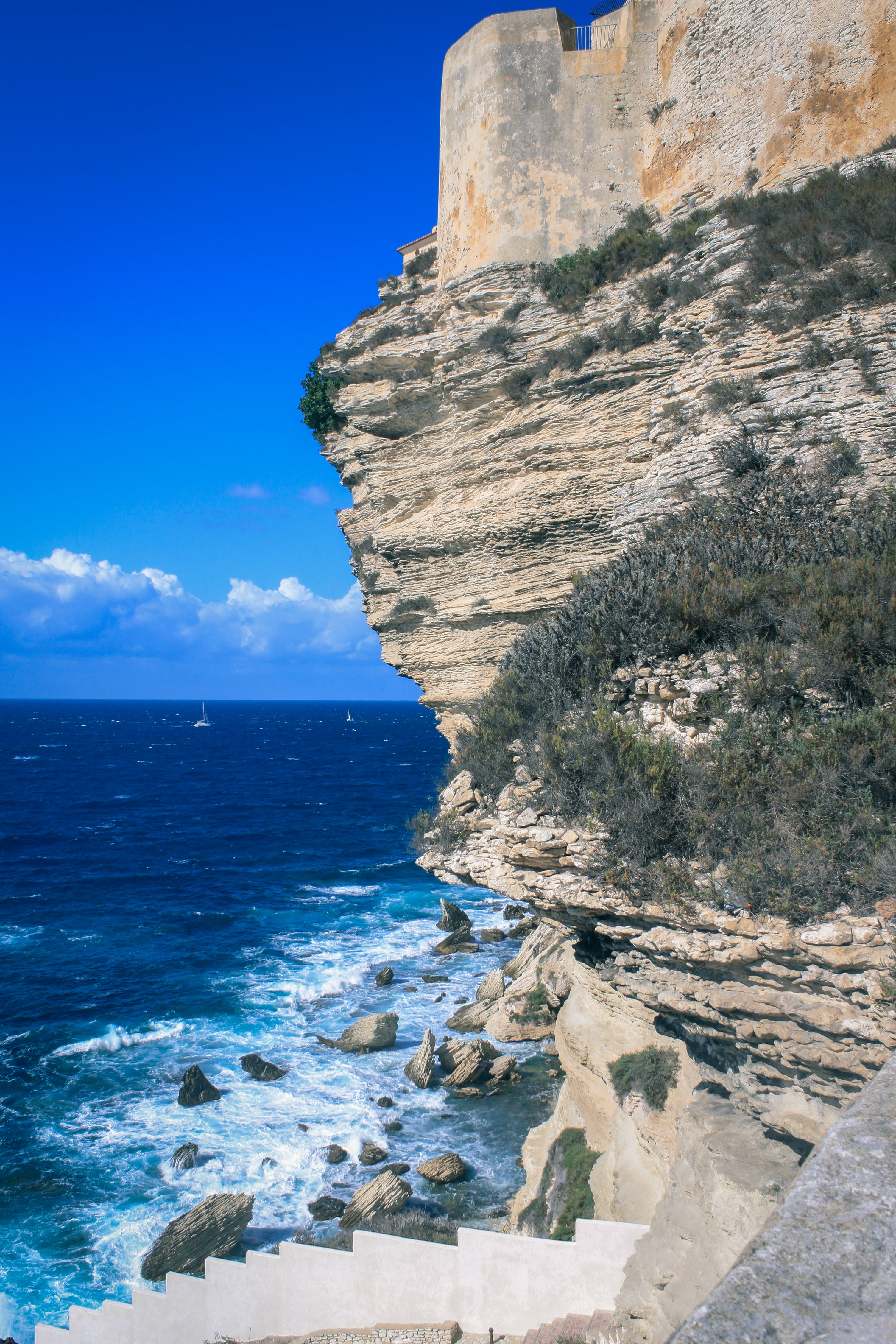 blue sky, rock - object, stairs, water, seashore, outdoors, rocks, rock, rock climbing, sand, scenics - nature, beauty in nature, eroded, recreation, no people, Phone HD Wallpaper