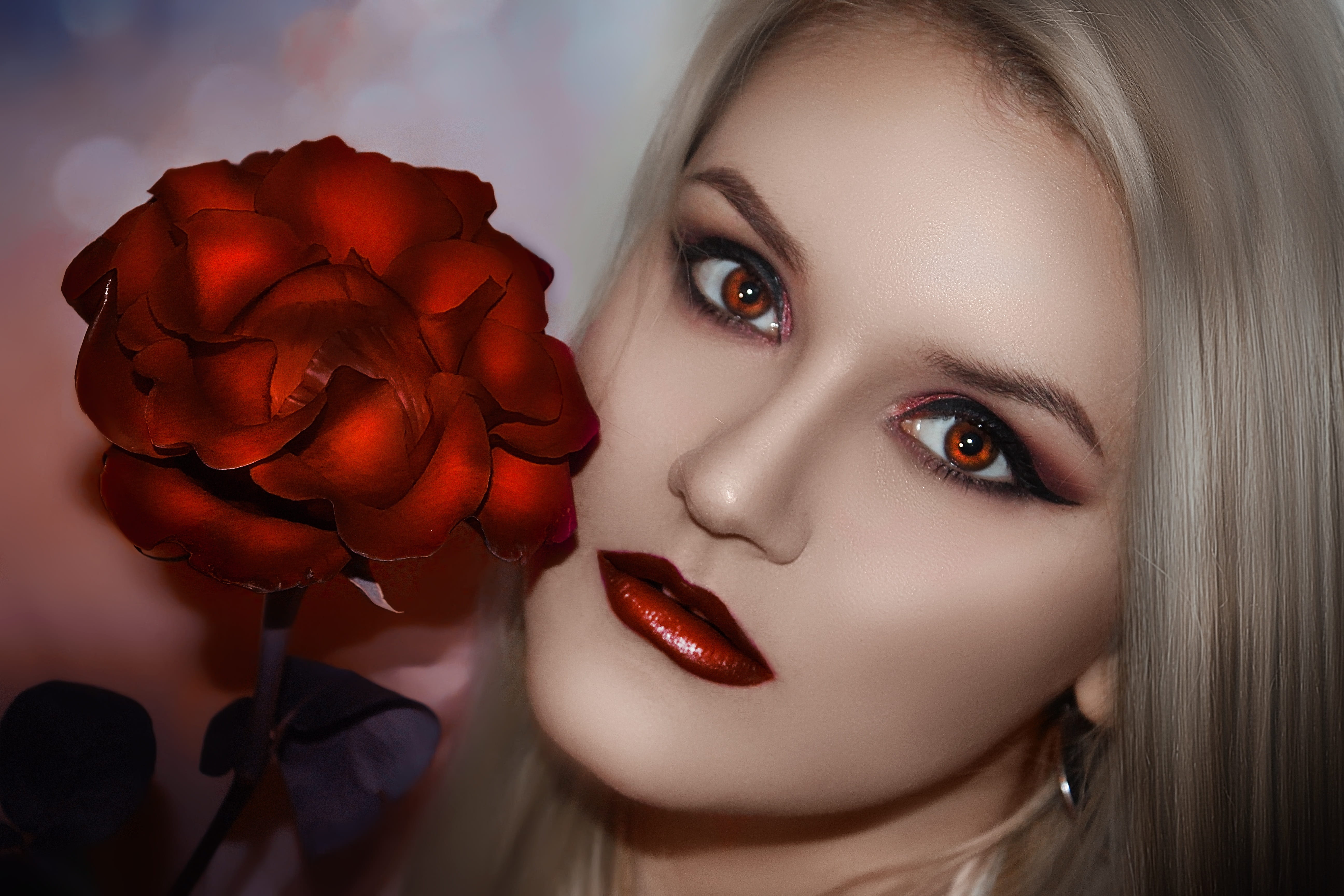 lip, looking at camera, photography, lady, eye, style, person, human body part, 5K, flower, focus, selective, luxury, hair, beautiful people, young, nice, HD Wallpaper