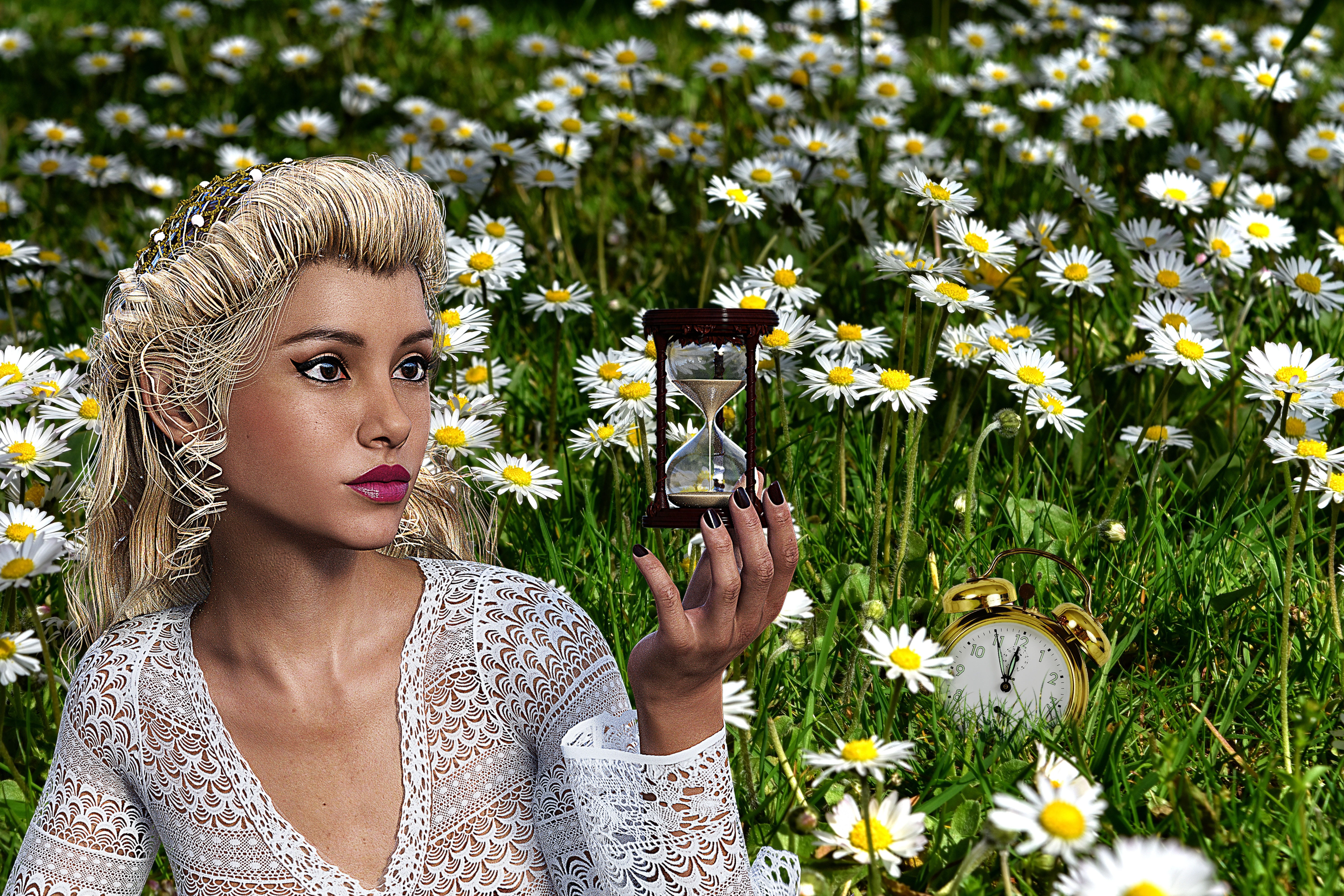 to watch, beauty, hairstyle, beauty in nature, outdoors, flower, nature, headshot, vulnerability, the time, portrait, clock, adult, hold on, nostalgia, HD Wallpaper