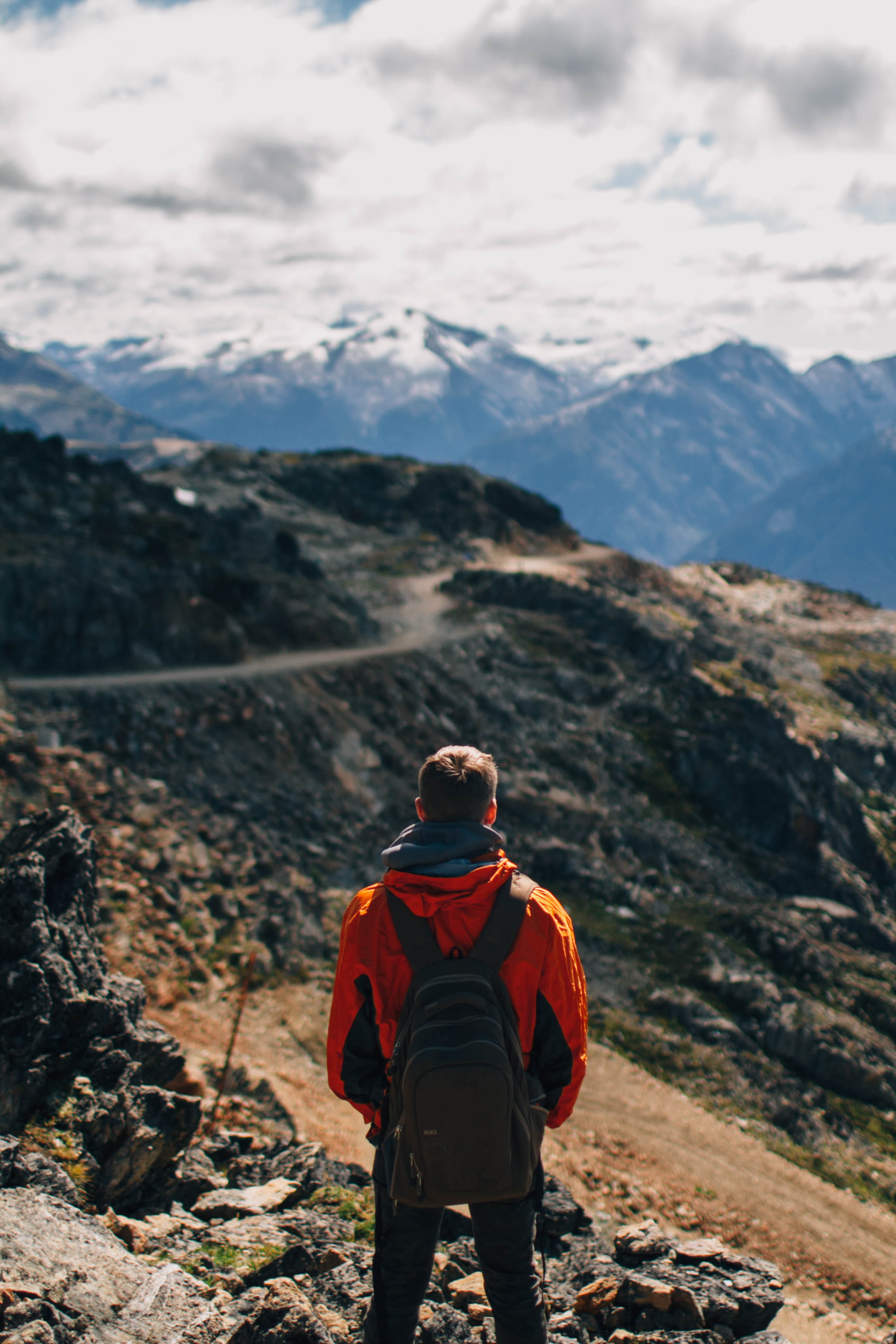 facing, outdoors, nature, 4K, mountain, activity, man, healthy lifestyle, standing, tranquil scene, non-urban scene, backpack, rear view, winter, beauty in nature, Phone HD Wallpaper