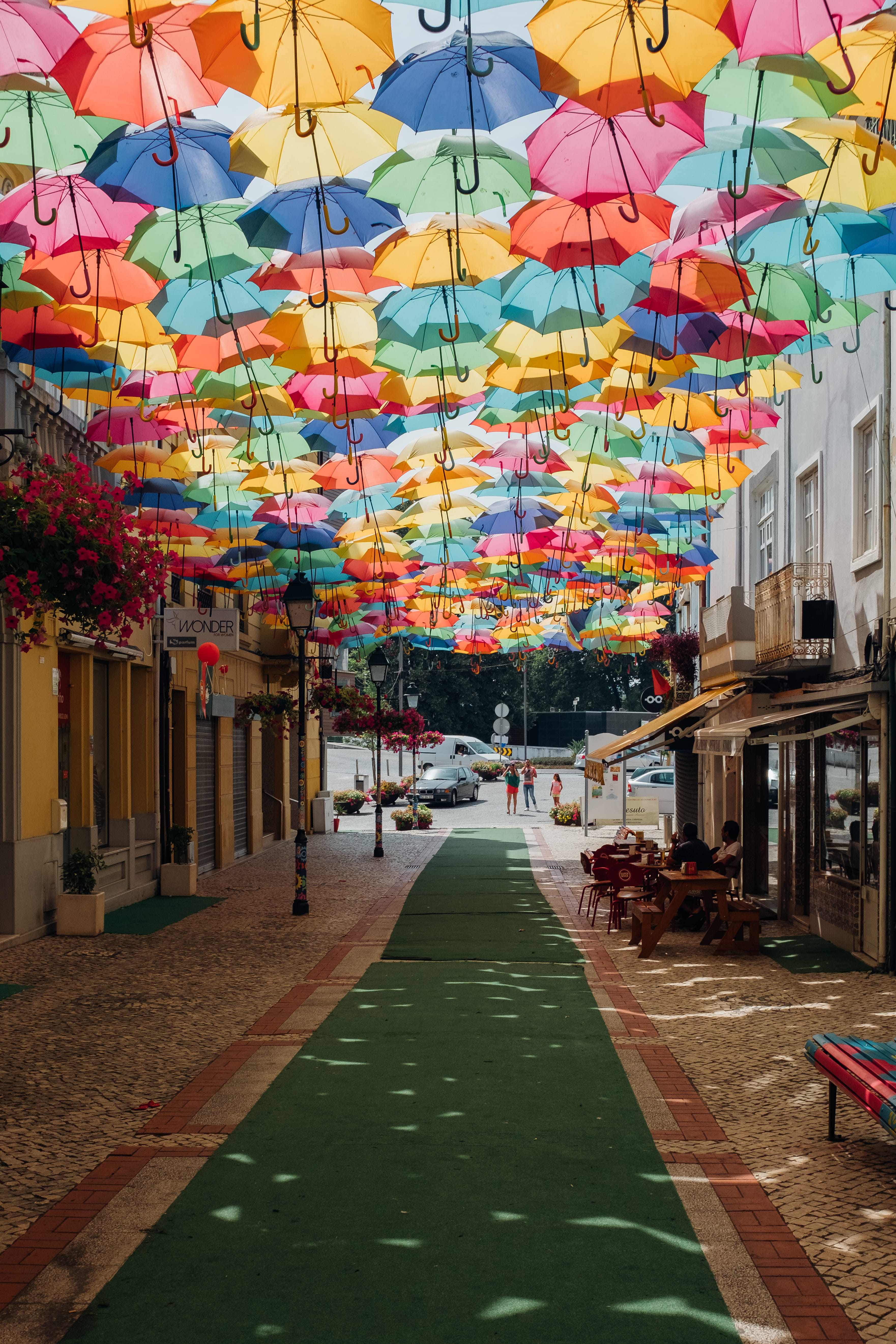 multi colored, path, street, portugal, lighting equipment, road, aisle, canopy, building, assorted, shade, walkway, indoors, sidewalk, shadow, footpath, Phone HD Wallpaper