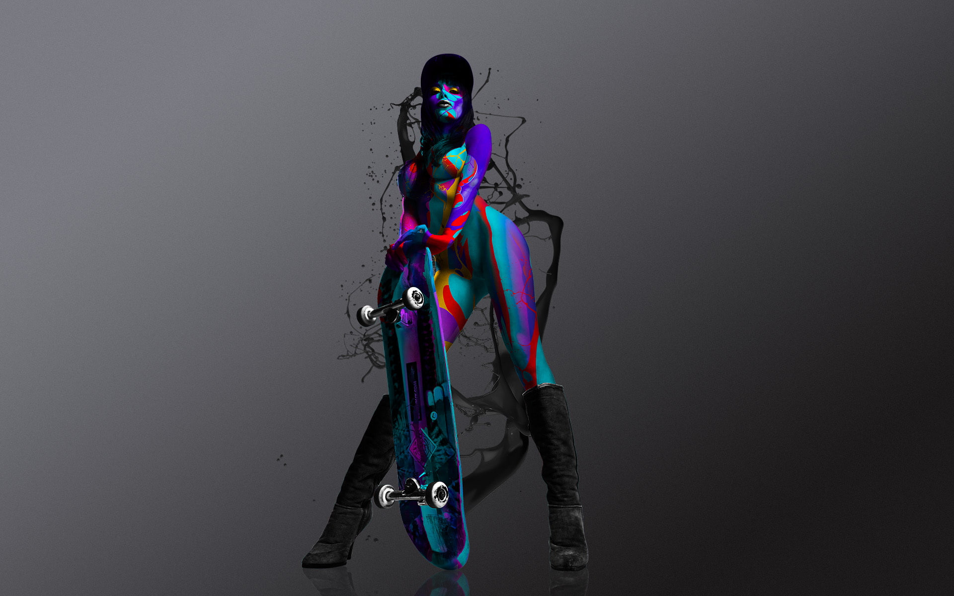 boots, skateboard, blots, paint, girl, cap, color, 1080P, HD Wallpaper