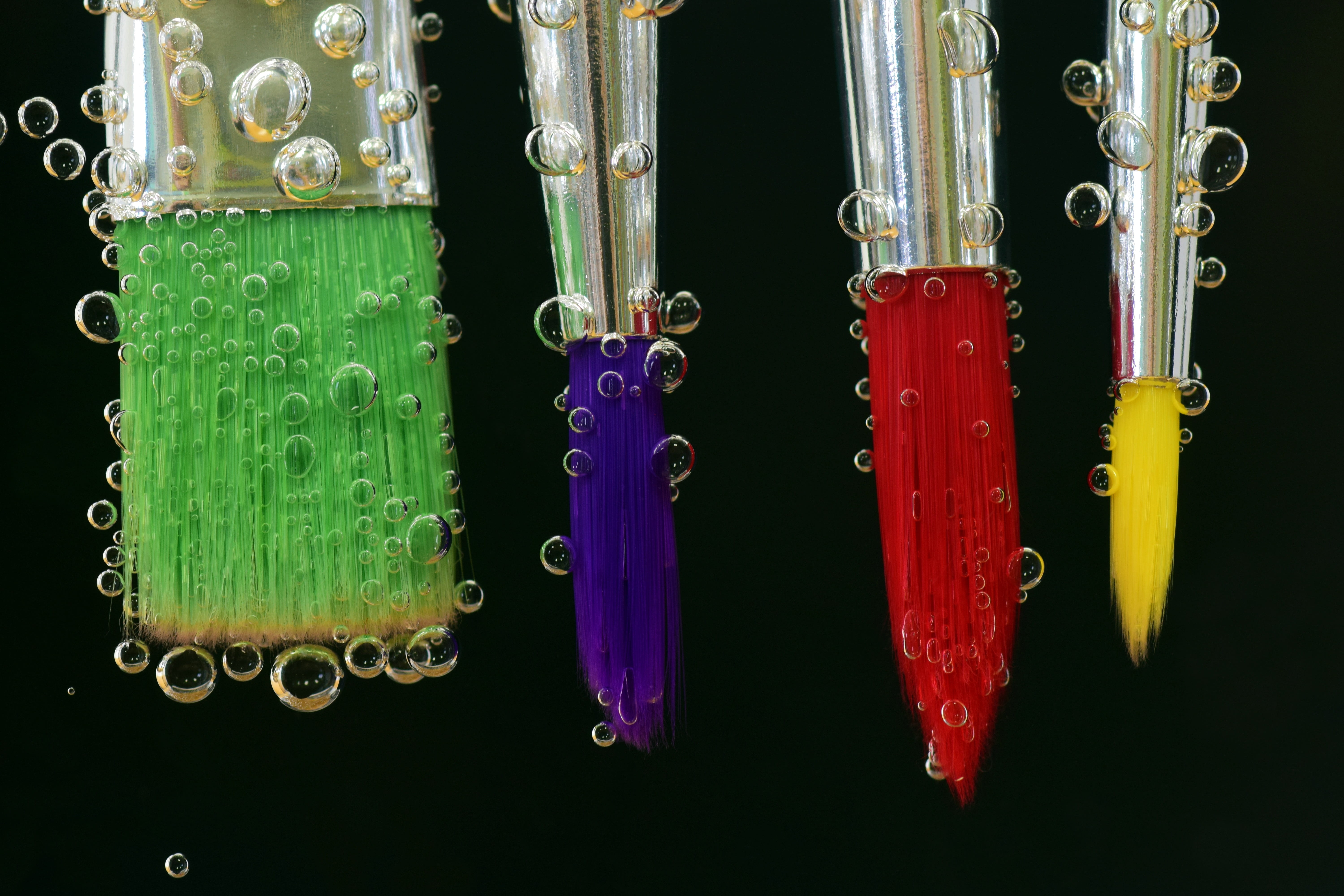 multi colored, violet, paint, green color, brushes, bristles, research, studio shot, black background, close, watercolor, environment, silver, water bubbles, HD Wallpaper