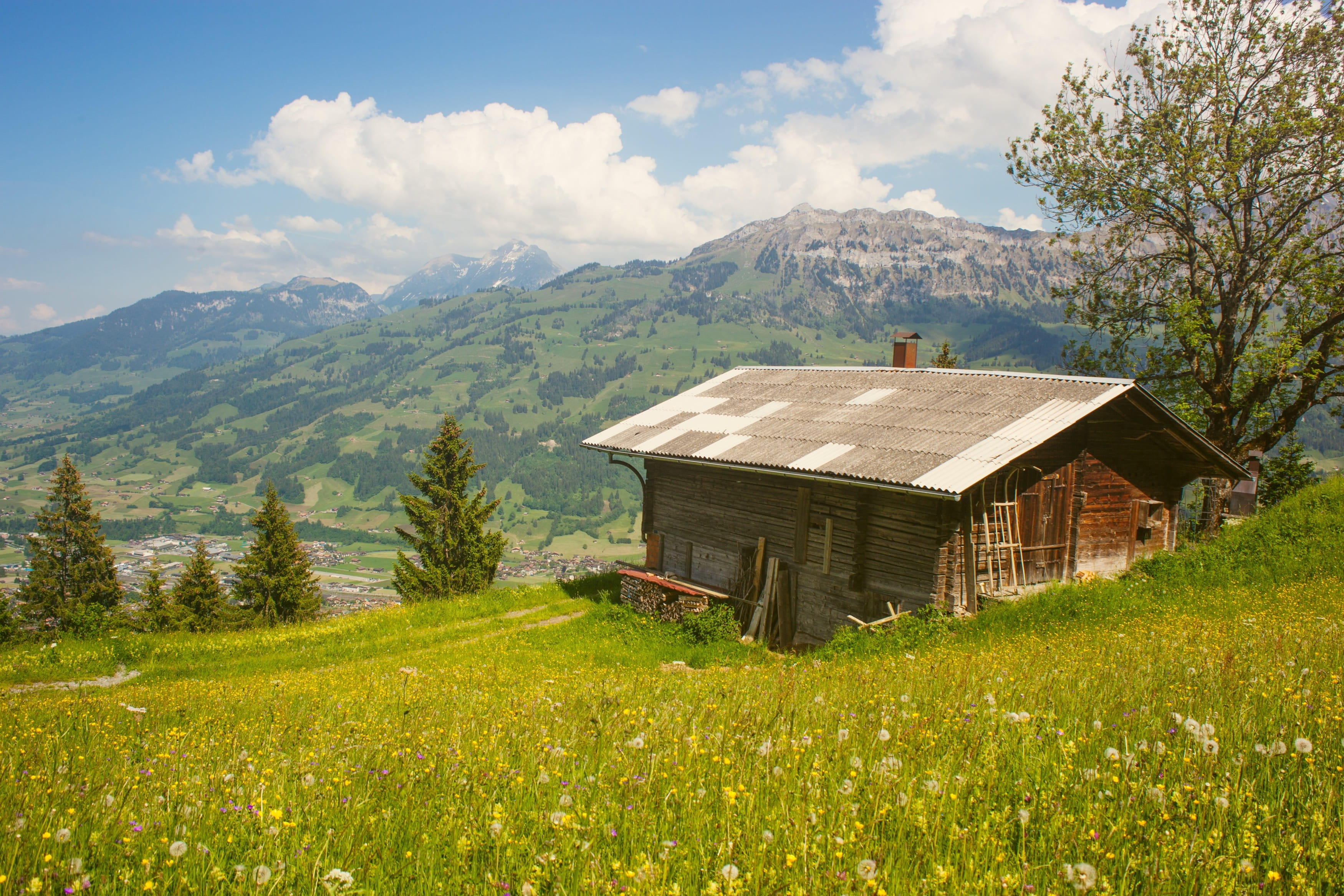 rural scene, rustic, grass, built structure, cabin, mountain, scenics - nature, shack, 2K, architecture, house, hut, landscape, remote, field, sky, shelter, HD Wallpaper