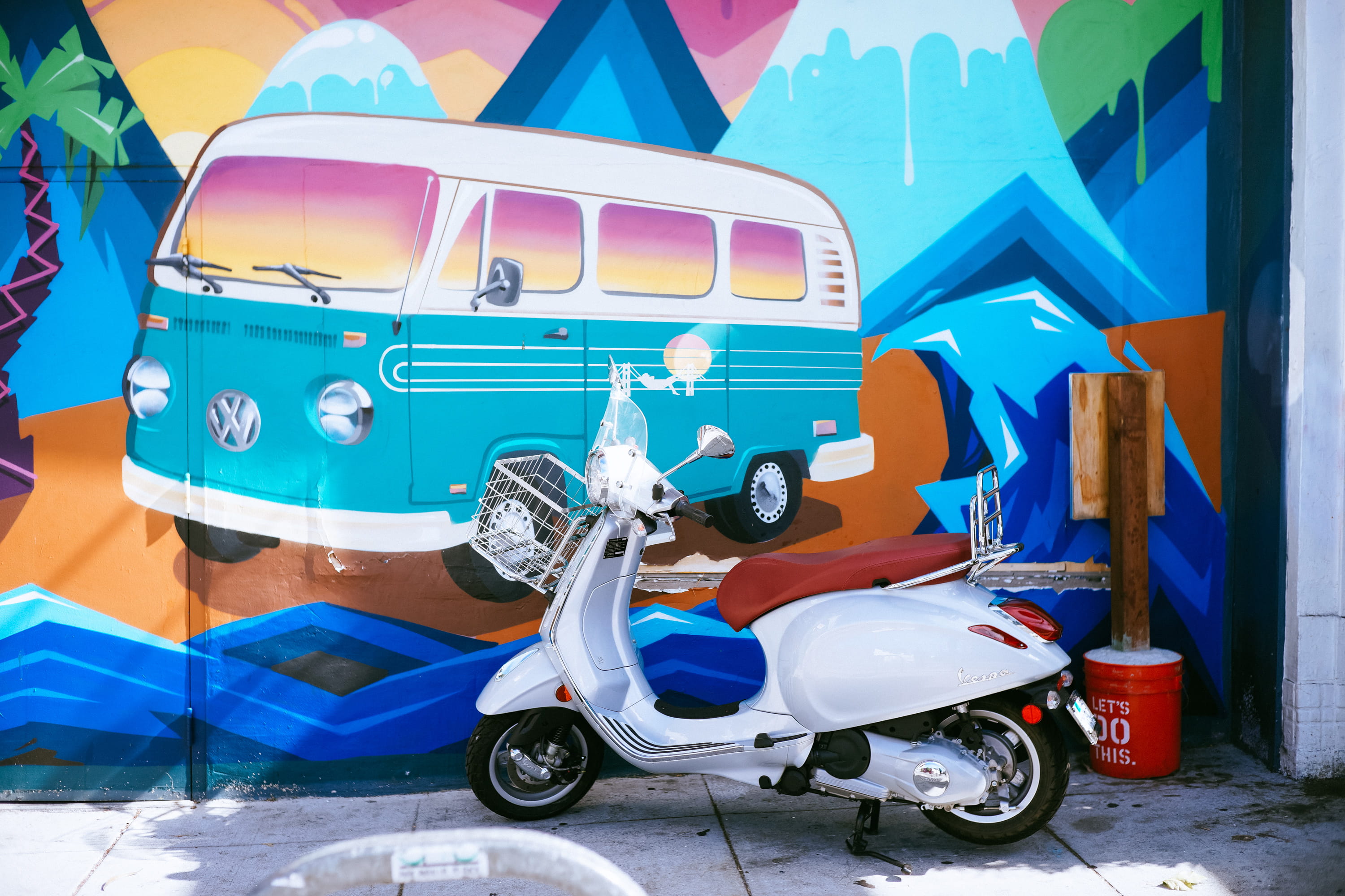 vespa, marine layer workshop, travel, blue, day, outdoors, stationary, 2K, california, motor vehicle, multi colored, street, mode of transportation, side view, HD Wallpaper