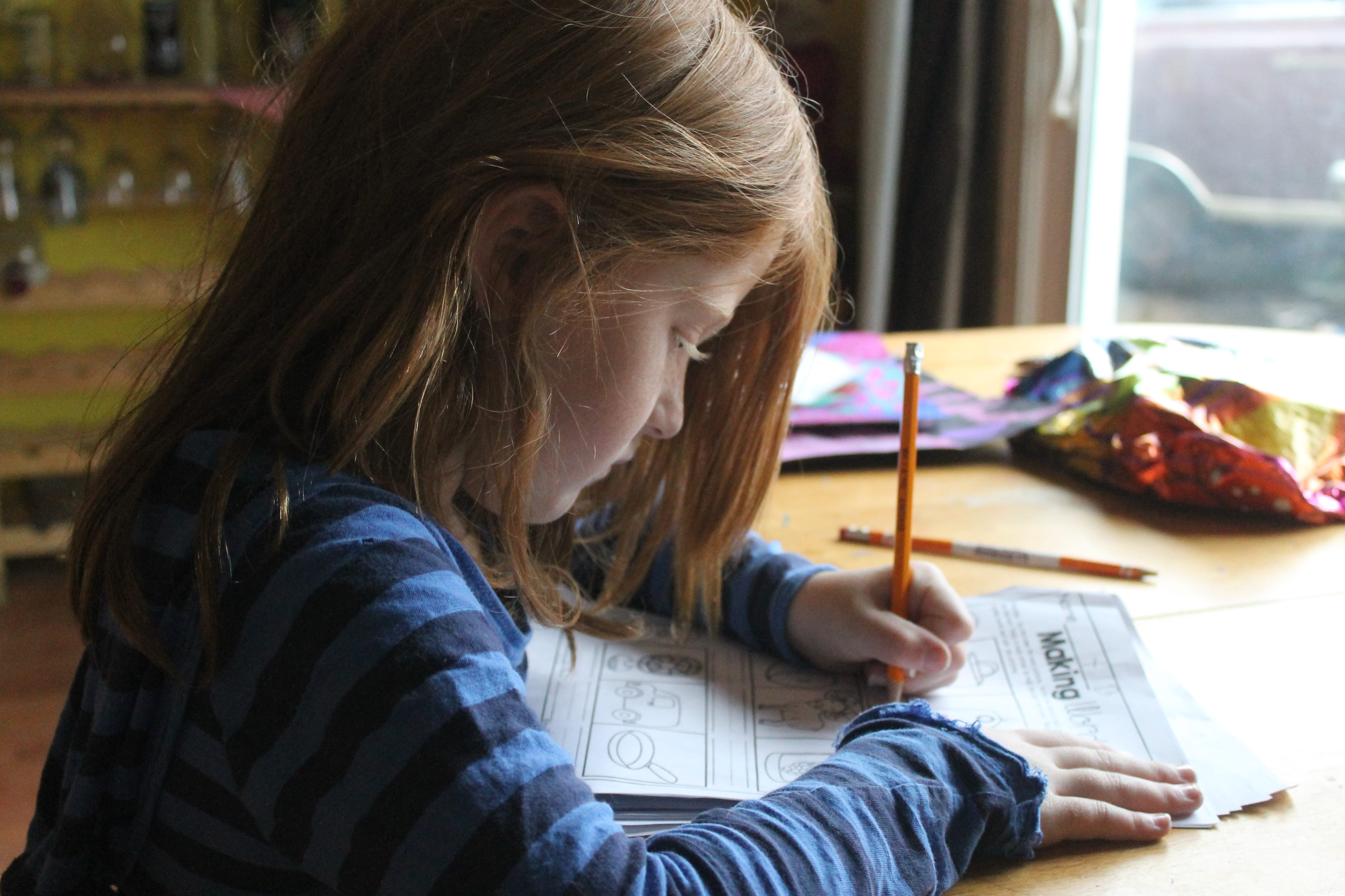 childhood, girls, sitting, pencil, girl, art and craft, drawing, drawing - activity, table, kid, homework, activity, holding, wooden, concentration, casual clothing, HD Wallpaper