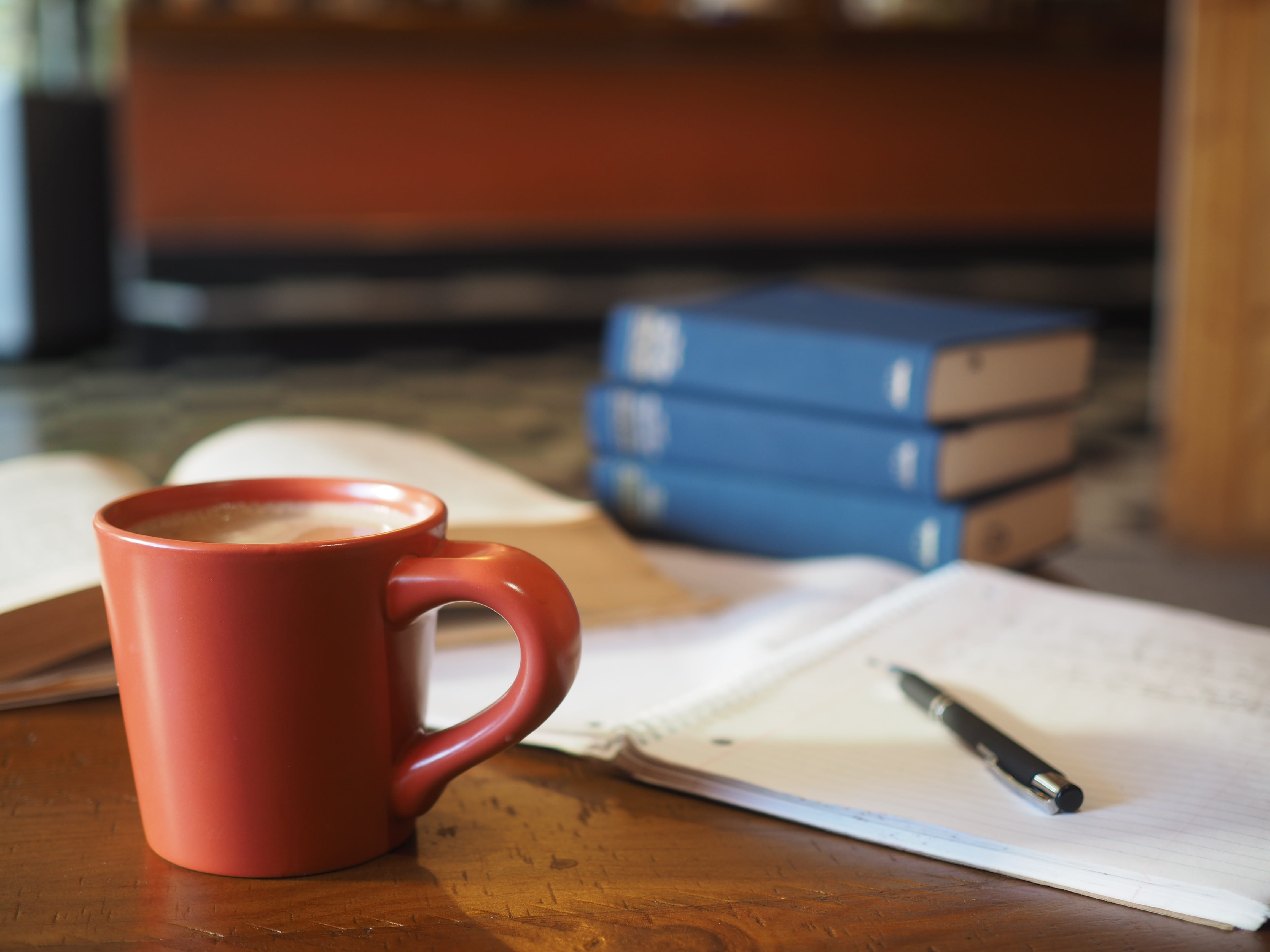 crockery, red, table, ceramic, School, coffee - Drink, no people, 4K, student, pen, food and drink, non-alcoholic beverage, close-up, still life, cup, HD Wallpaper
