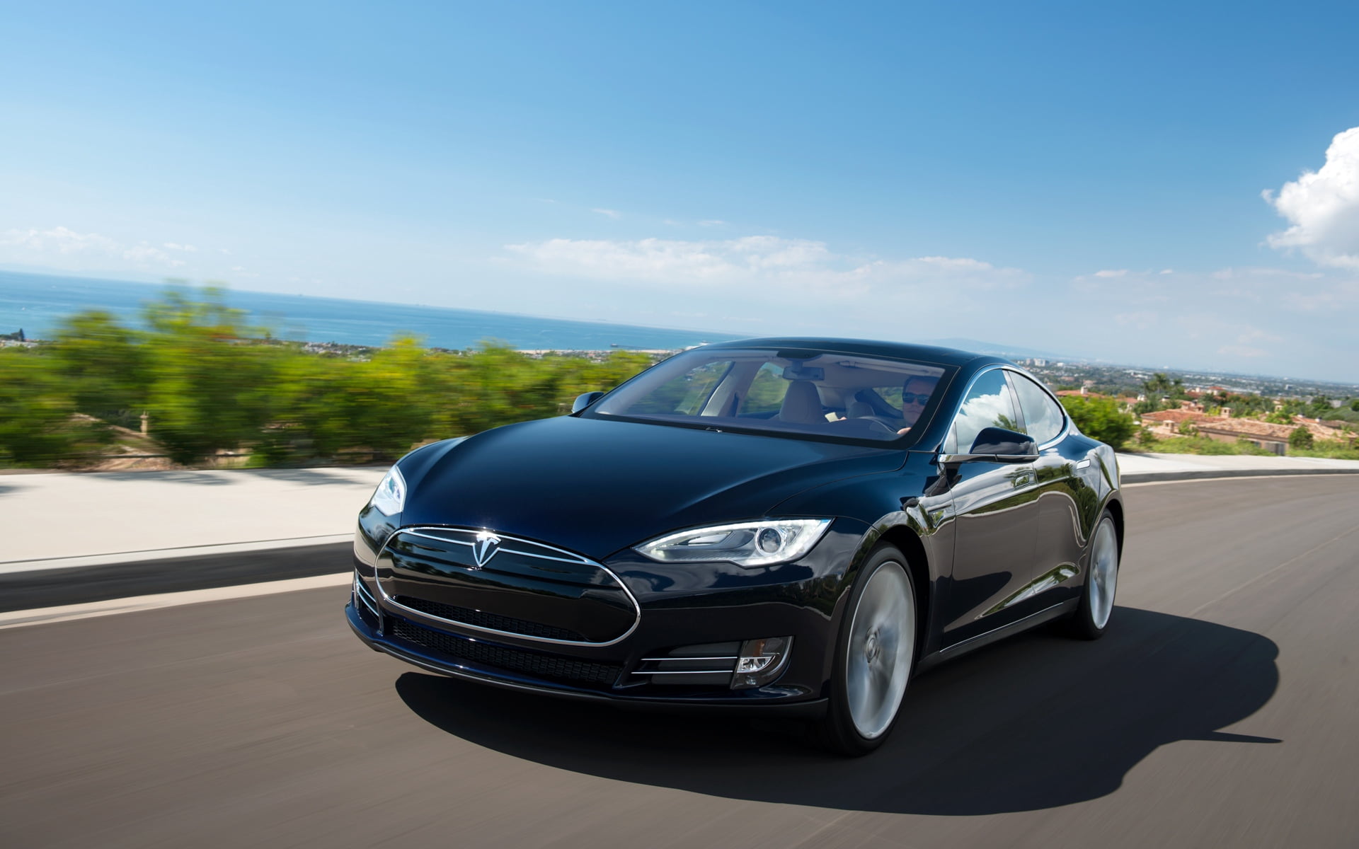 wheel, day, sunlight, tree, domestic Car, luxury, tesla model s, street, driving, no People, front View, side View, outdoors, travel, land Vehicle, technology, HD Wallpaper