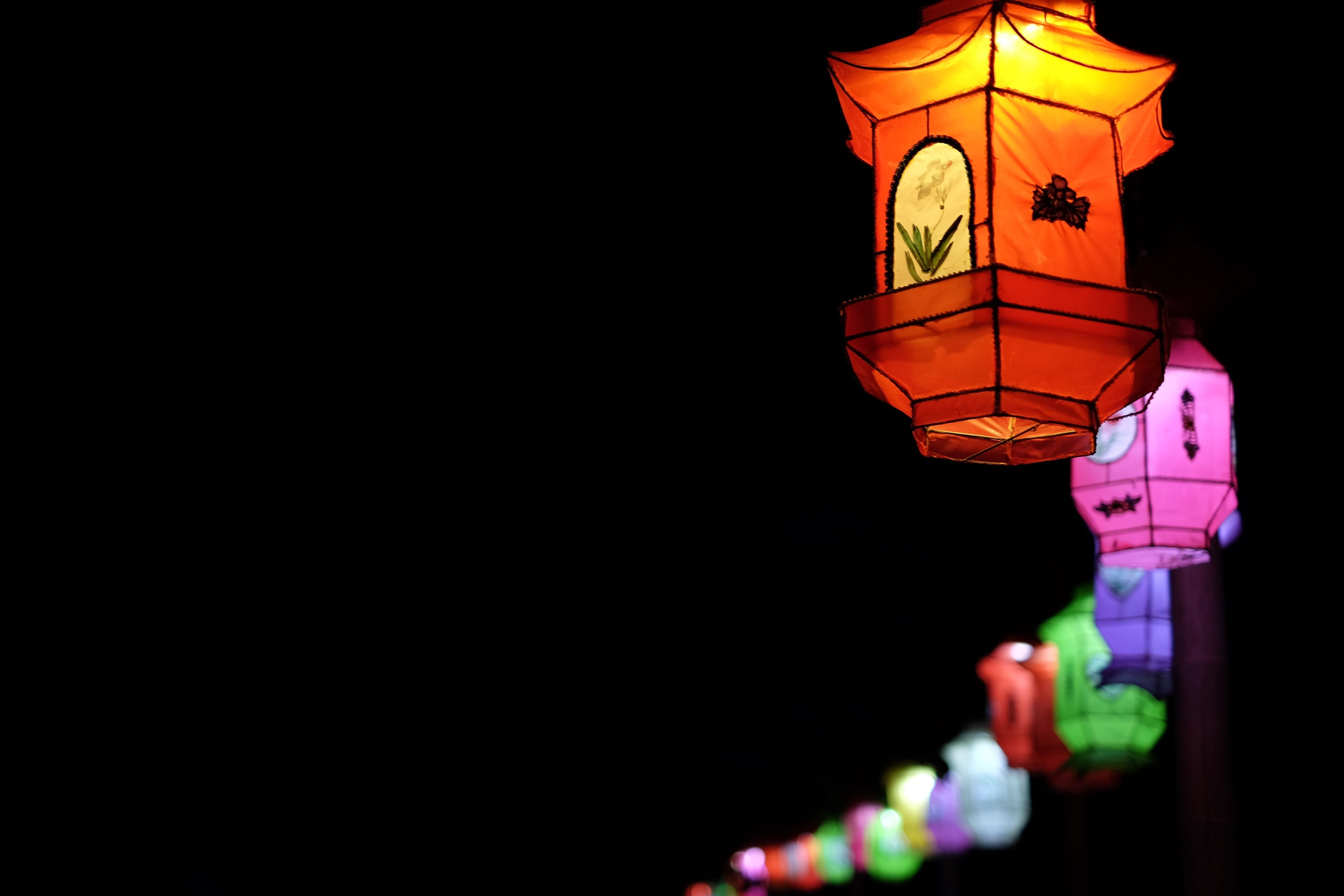 dark, lamp, copy space, glowing, color, multi colored, celebration, lantern, colour, low angle view, art, festival, illuminated, 4K, no people, decoration, HD Wallpaper