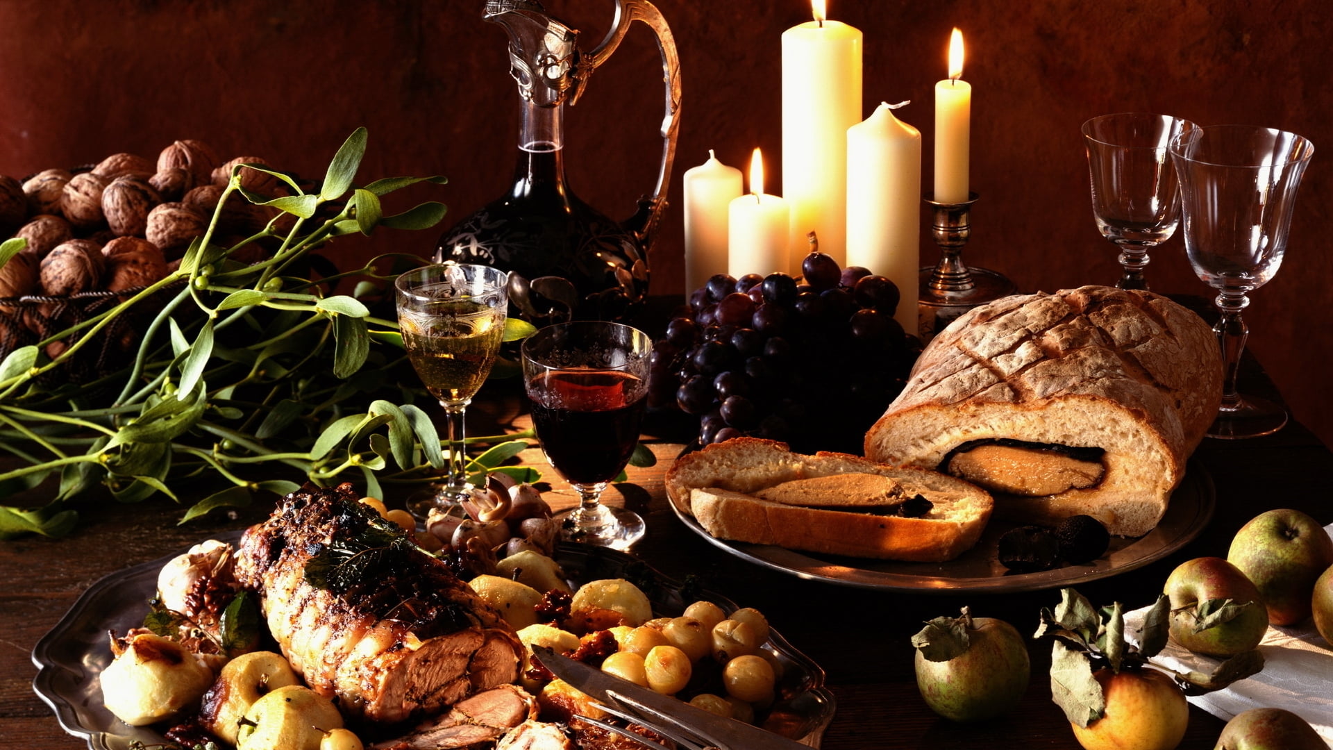 healthy, relaxation, burning, indoors, dinner, freshness, still life, wine, no people, celebration, white meat, candle, meal, decoration, fruit, candles, HD Wallpaper