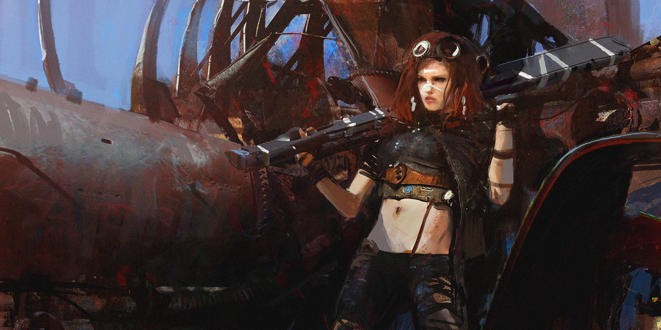 adult, beautiful people, 1080P, wallpaepr, weapons, standing, three quarter length, portrait, fan art, holding, beauty, rifle, red, clothing, one person, HD Wallpaper
