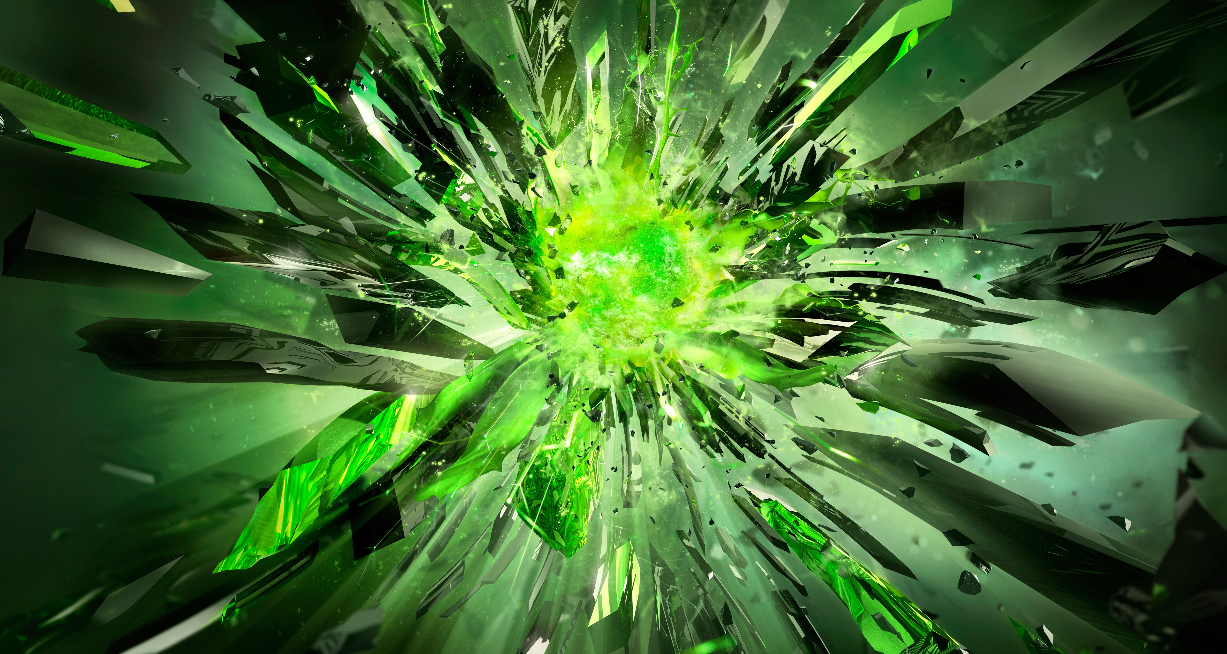 shapes, artwork, Nvidia, green, digital art, explosion, 4K, HD Wallpaper