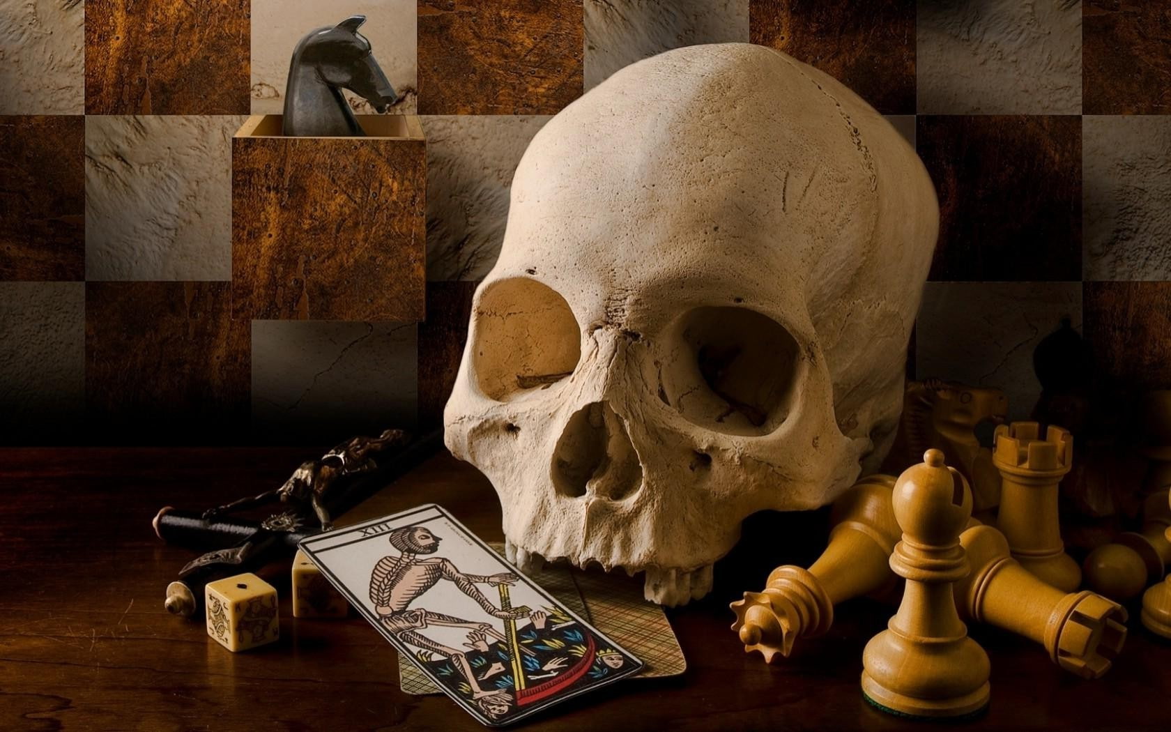 scythe, cross, Checkered, 720P, skull, table, death, teeth, playing Cards, Jesus Christ, horse, Dice, Board Games, Wooden Surface, cube, Chess, Pawns, HD Wallpaper