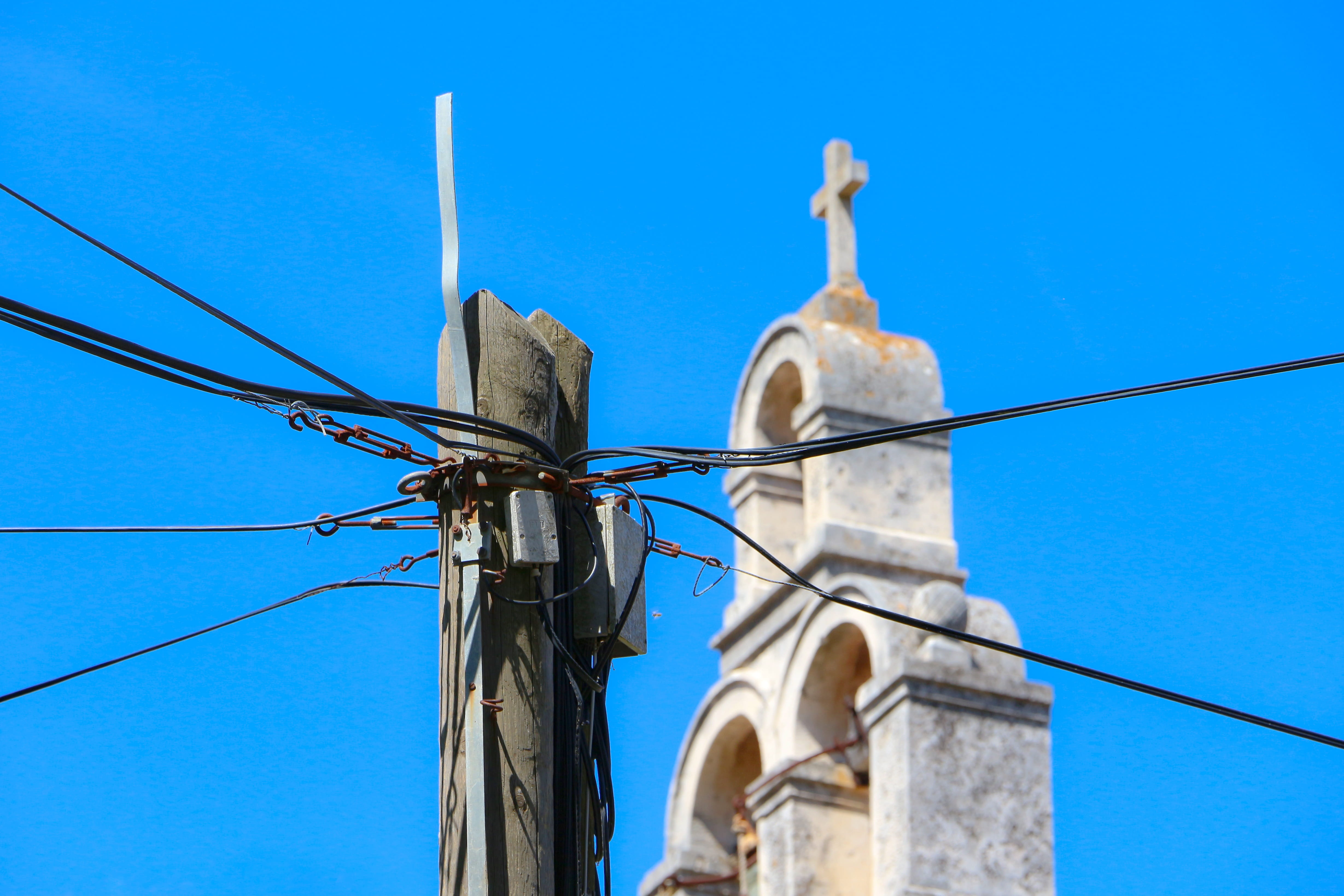 telephone line, power, built structure, power line, electricity, low angle view, prozura, blue, dangerous, no people, communication, building exterior, HD Wallpaper