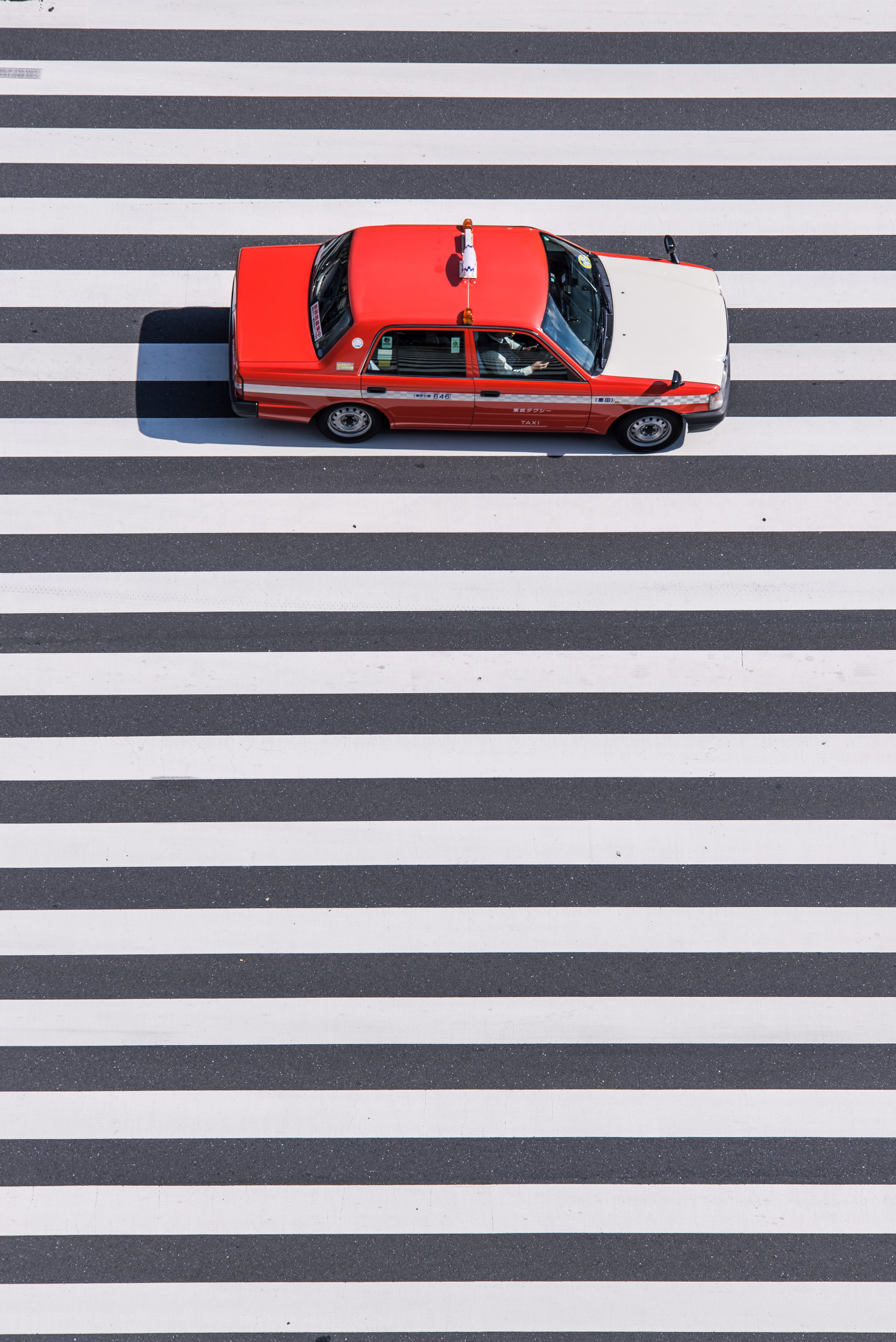 highangle, passing, mode of transportation, motor vehicle, transportation, minimal, 5K, taxi, sedan, zebra crossing, no people, high angle view, Phone HD Wallpaper