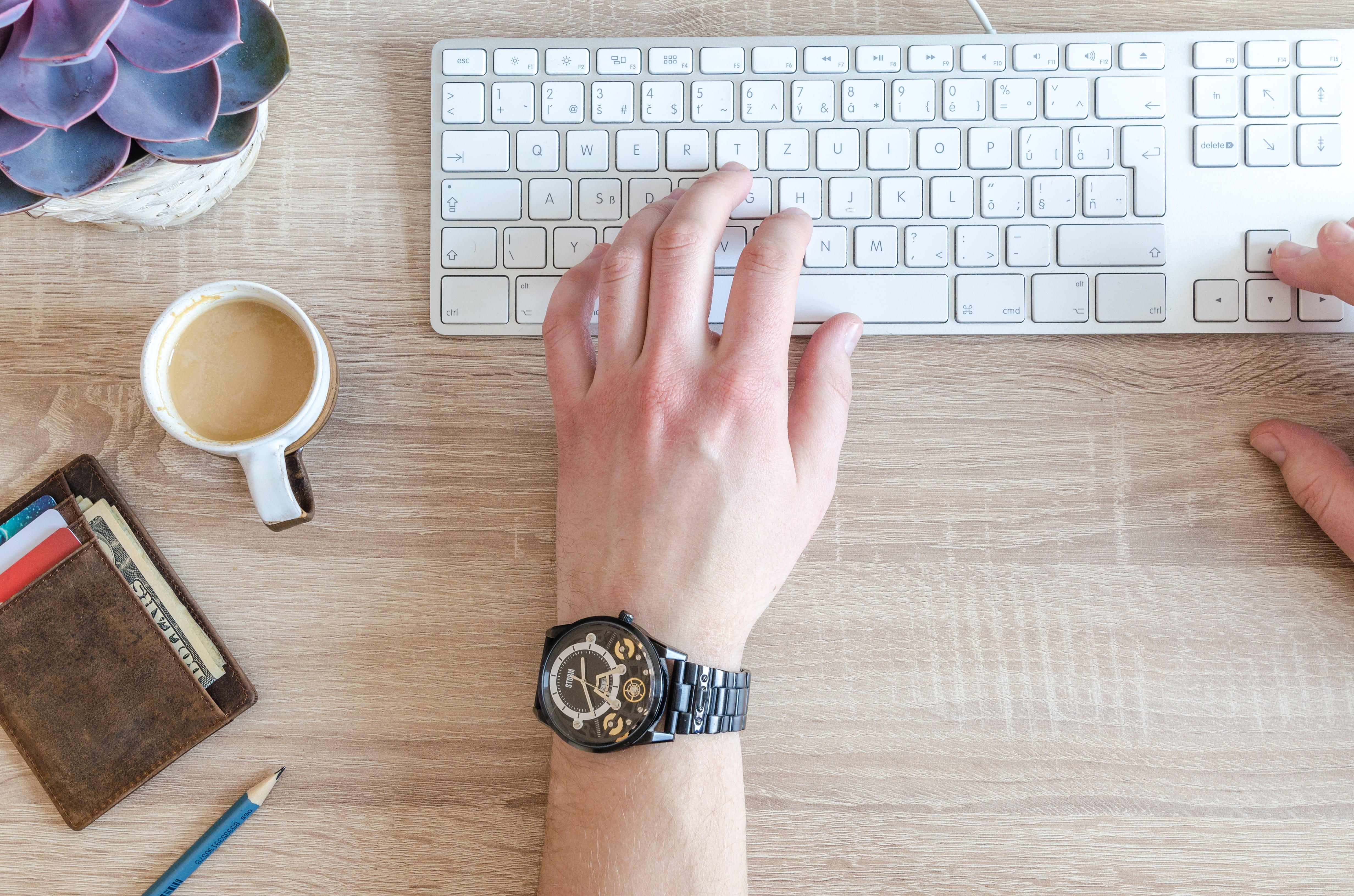 wallet, wristwatch, table, work, human hand, coffee, information, space, notepad, wireless technology, one person, computer keyboard, background, drink, HD Wallpaper