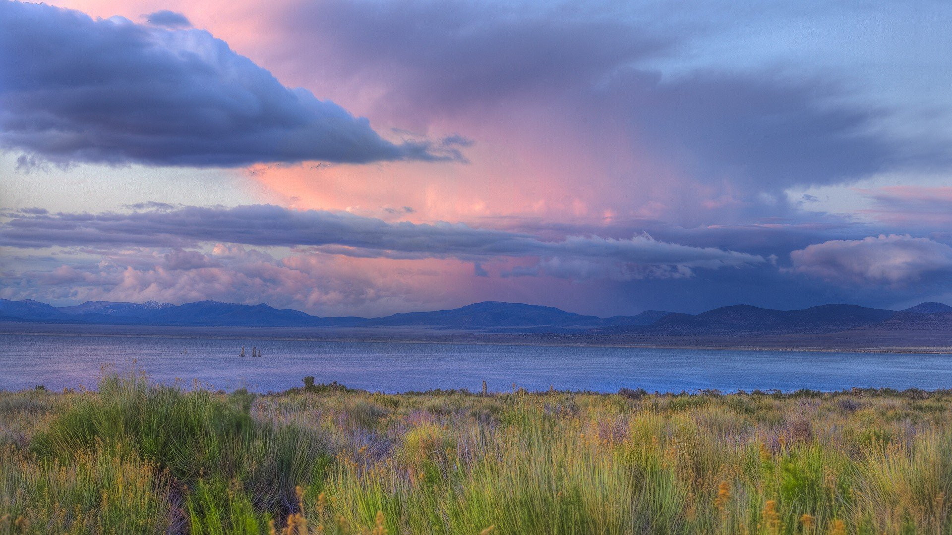storm, lake, 1080P, mono, sunset, california, HD Wallpaper