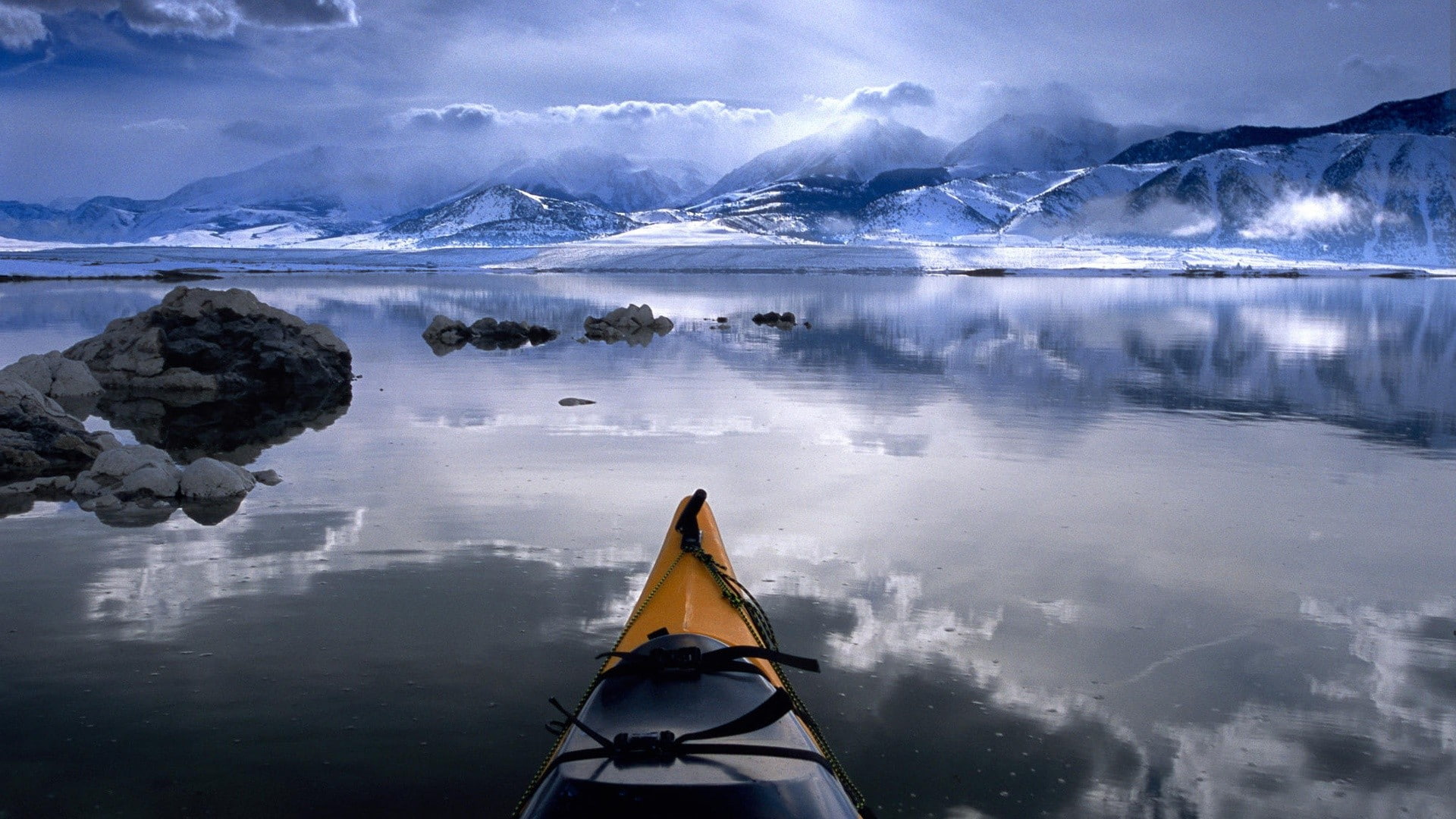 kayak, mono, boats, winter, 1080P, reflections, lake, california, nature, clouds, water, HD Wallpaper