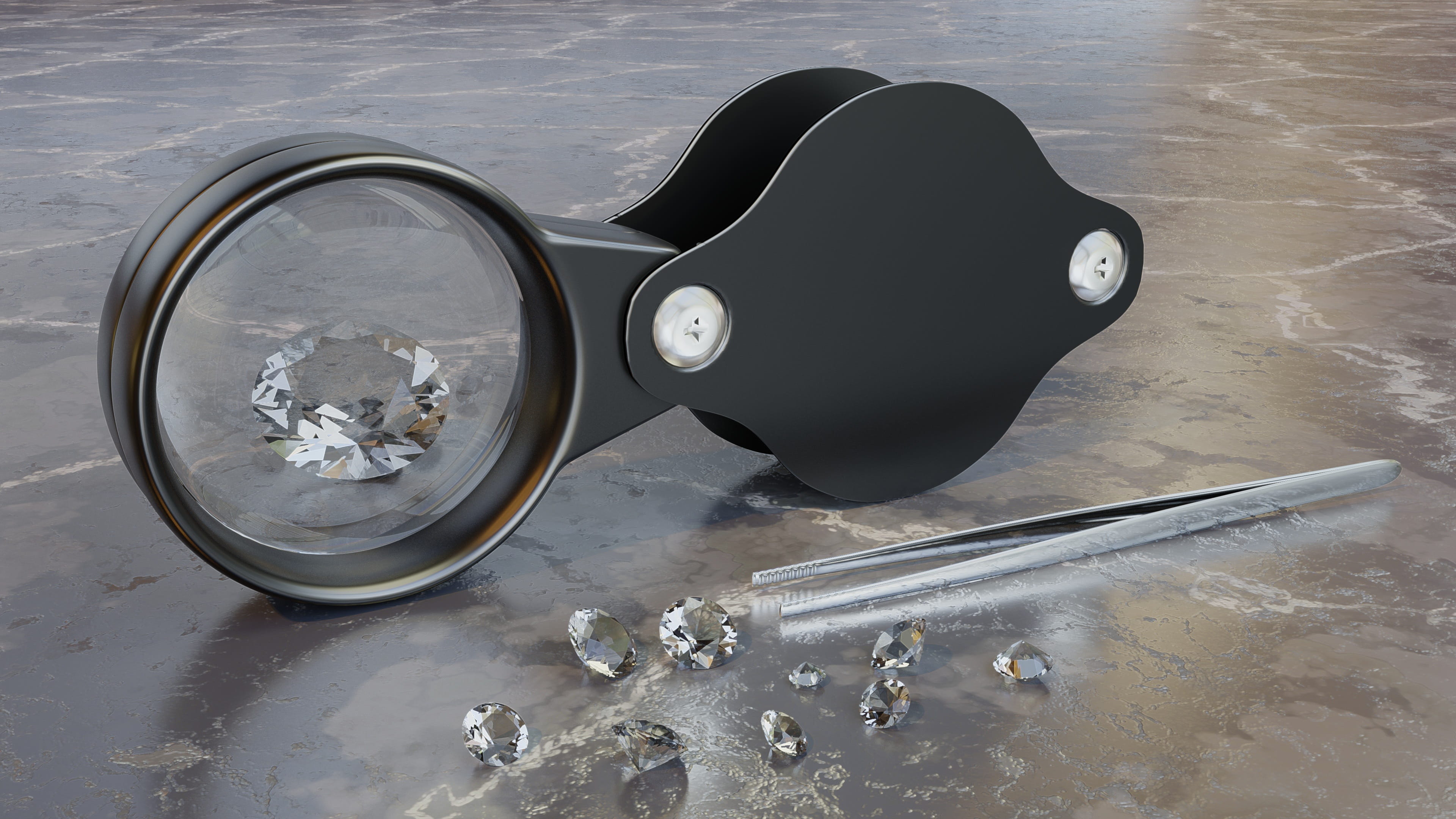 still life, table, outdoors, reflection, water, magnifying glass, day, land, social issues, carat, 3d, sand, 4K, close-up, blender, high angle view, diamonds, HD Wallpaper