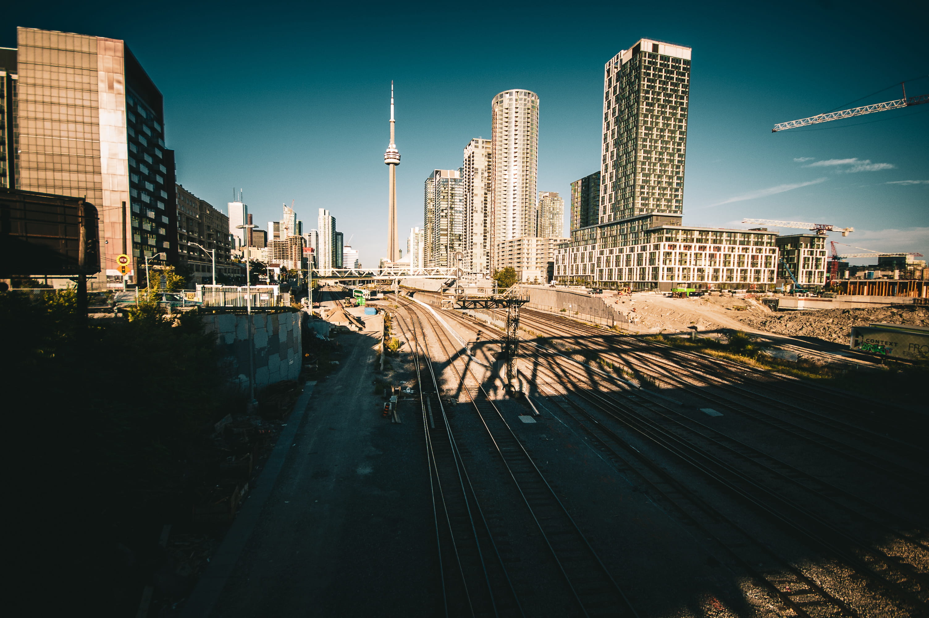 office building, railroad track, rails, railway, urban, city, building exterior, tall - high, transportation, cityscape, skyscraper, rail transportation, HD Wallpaper