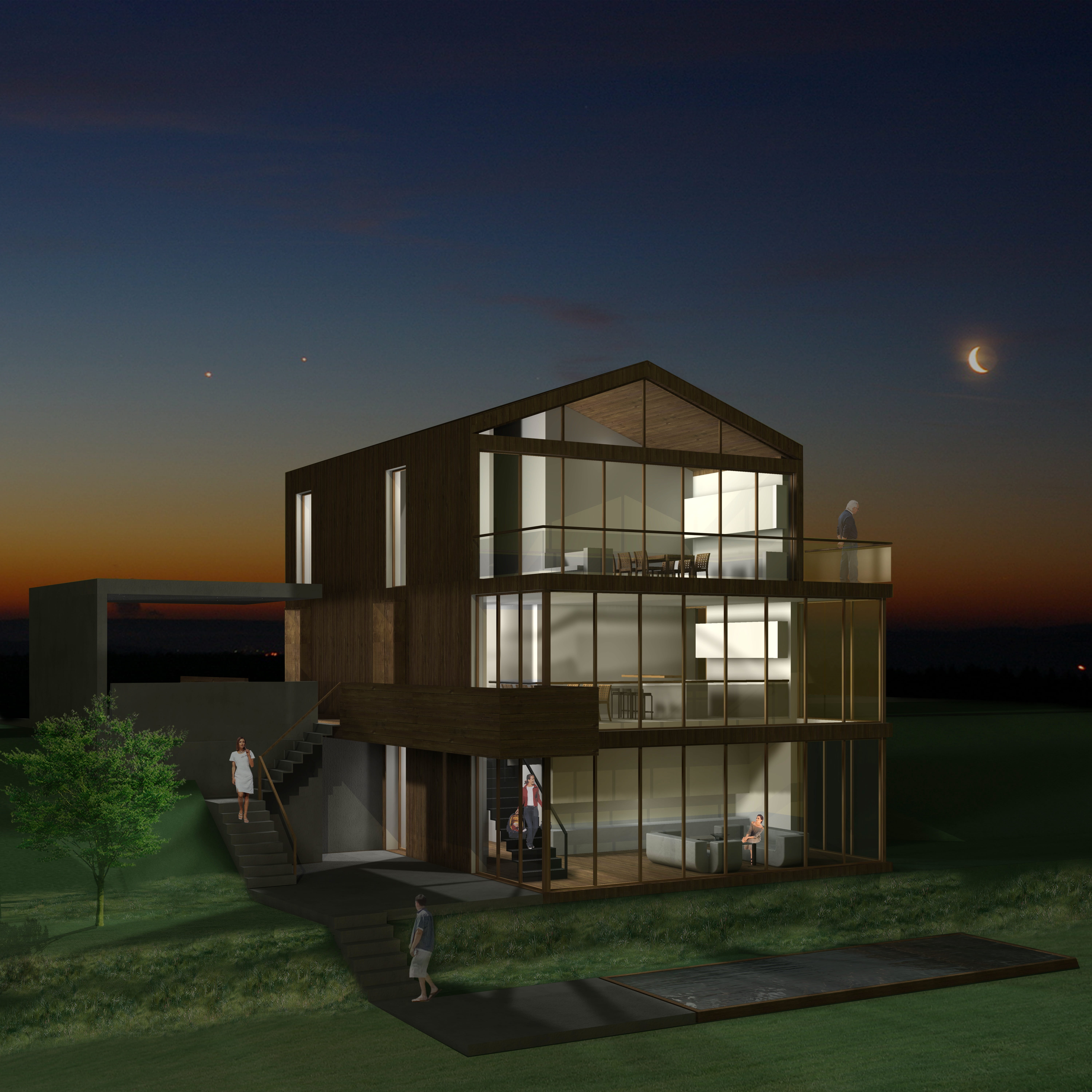 cgi, sky, water, landscape, single family home, reflection, villa, building exterior, visualization, night, rendering, people, 5K, land, sunset, visualization 3d, Phone HD Wallpaper