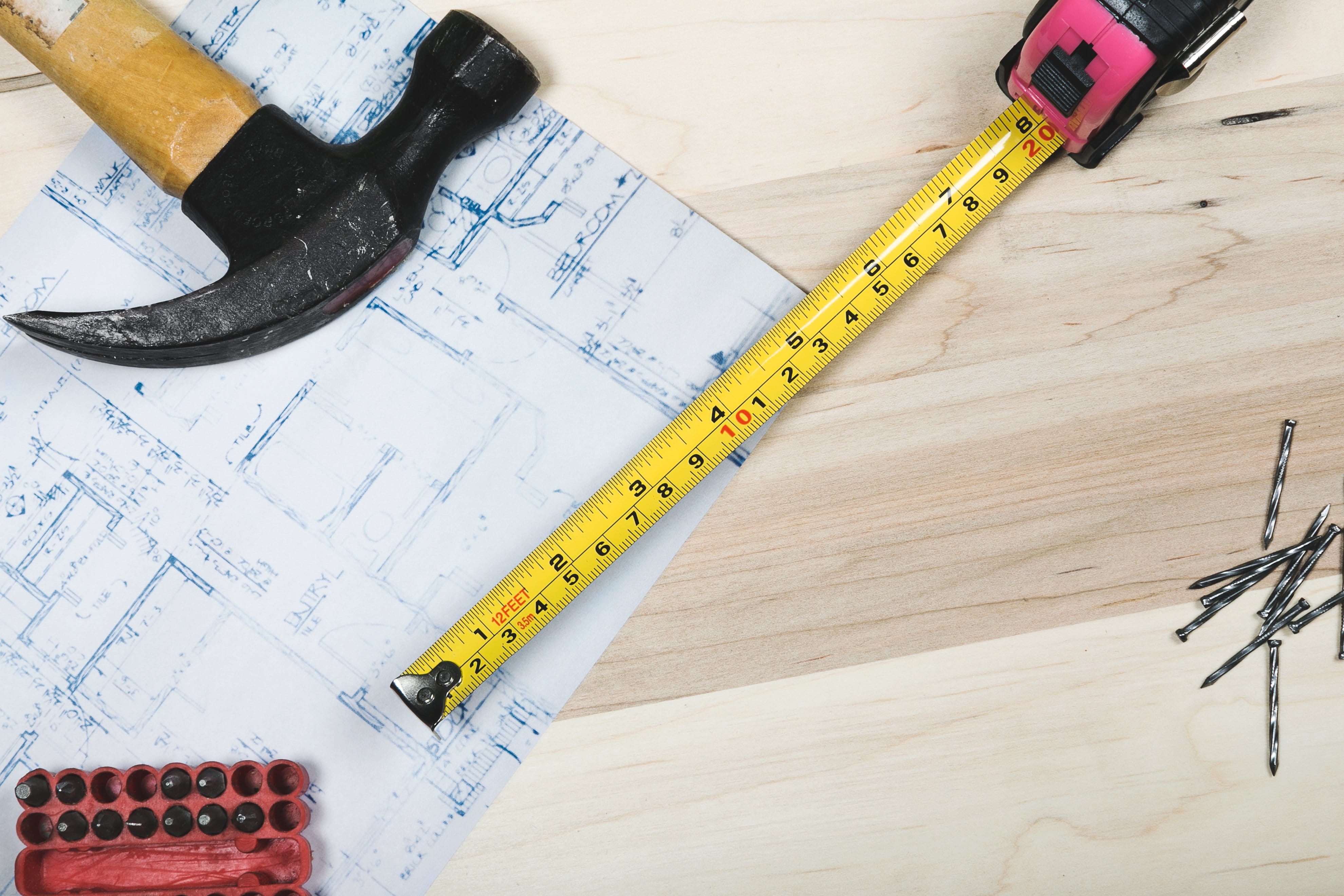 high angle view, paper, planning, blueprint, Flatlay, industry, construction industry, no people, pencil, measuring, Tools, accuracy, still life, 4K, tape measure, HD Wallpaper