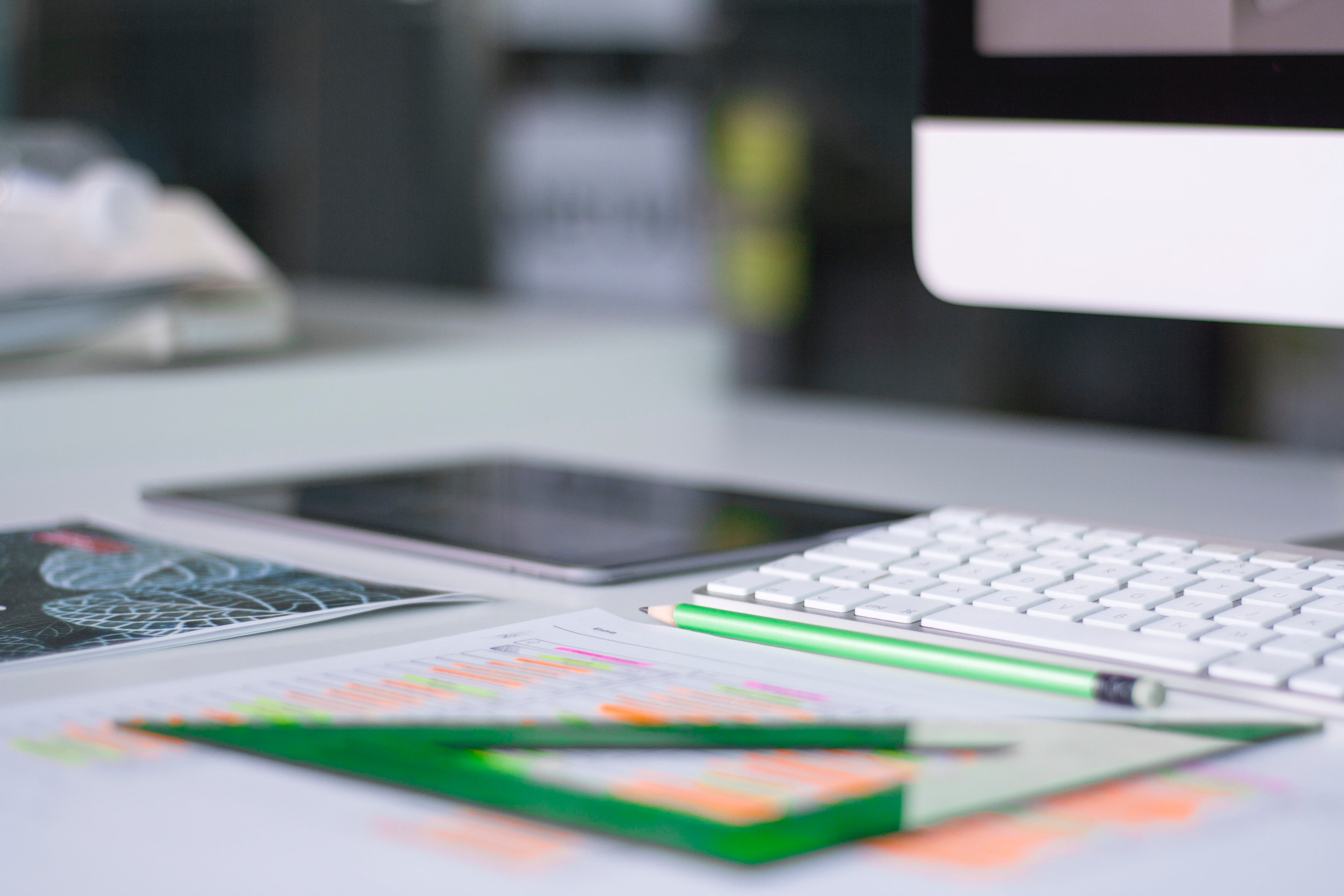 corporate business, table, selective focus, office, beside, technology, keyboard, paper, furniture, wireless technology, communication, work, finance, desktop pc, HD Wallpaper
