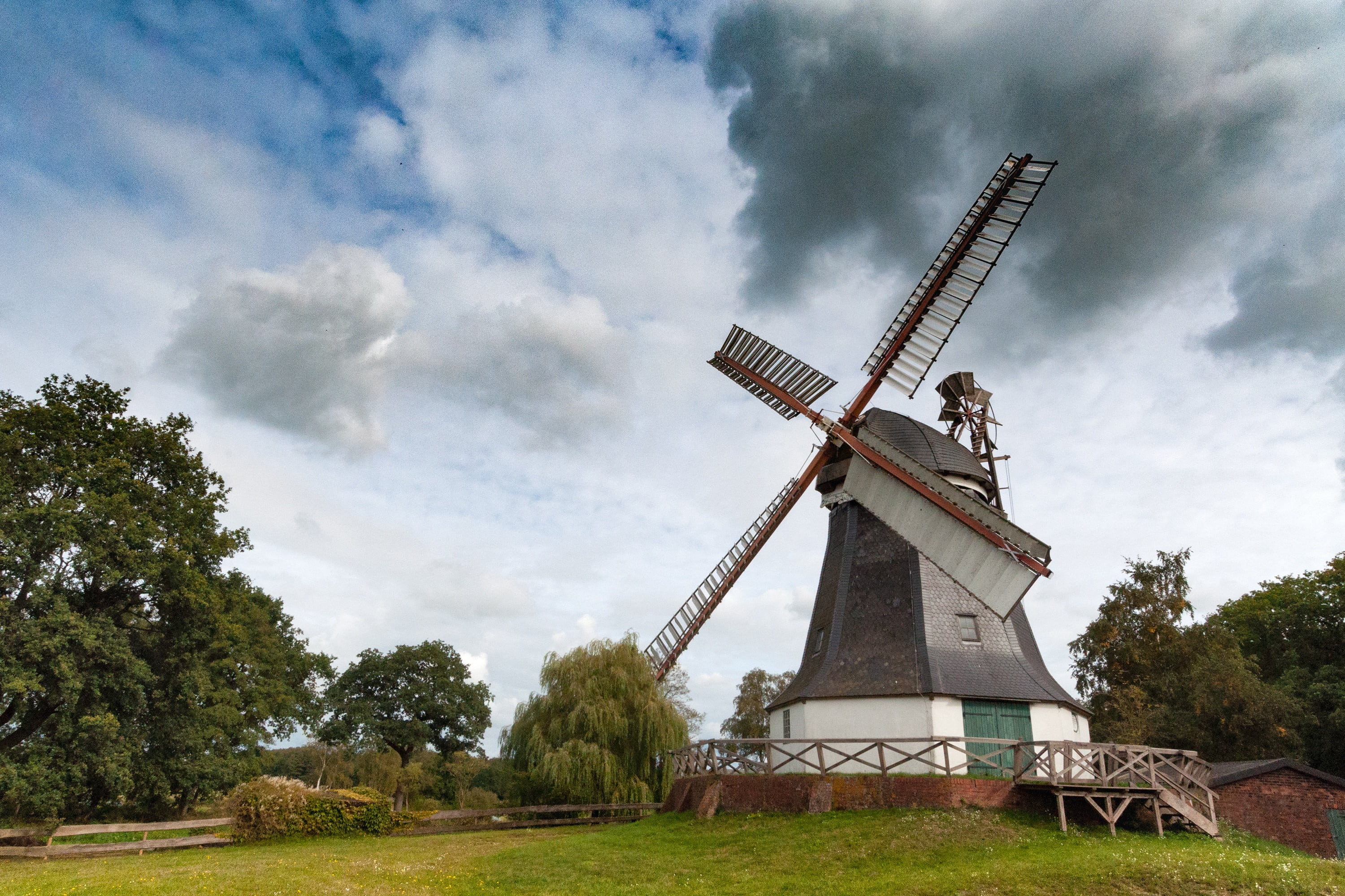 windmill, field, day, landscape, lower saxony, seemed, sky, fuel and power generation, built structure, train, cloud - sky, mood, traditional windmill, HD Wallpaper