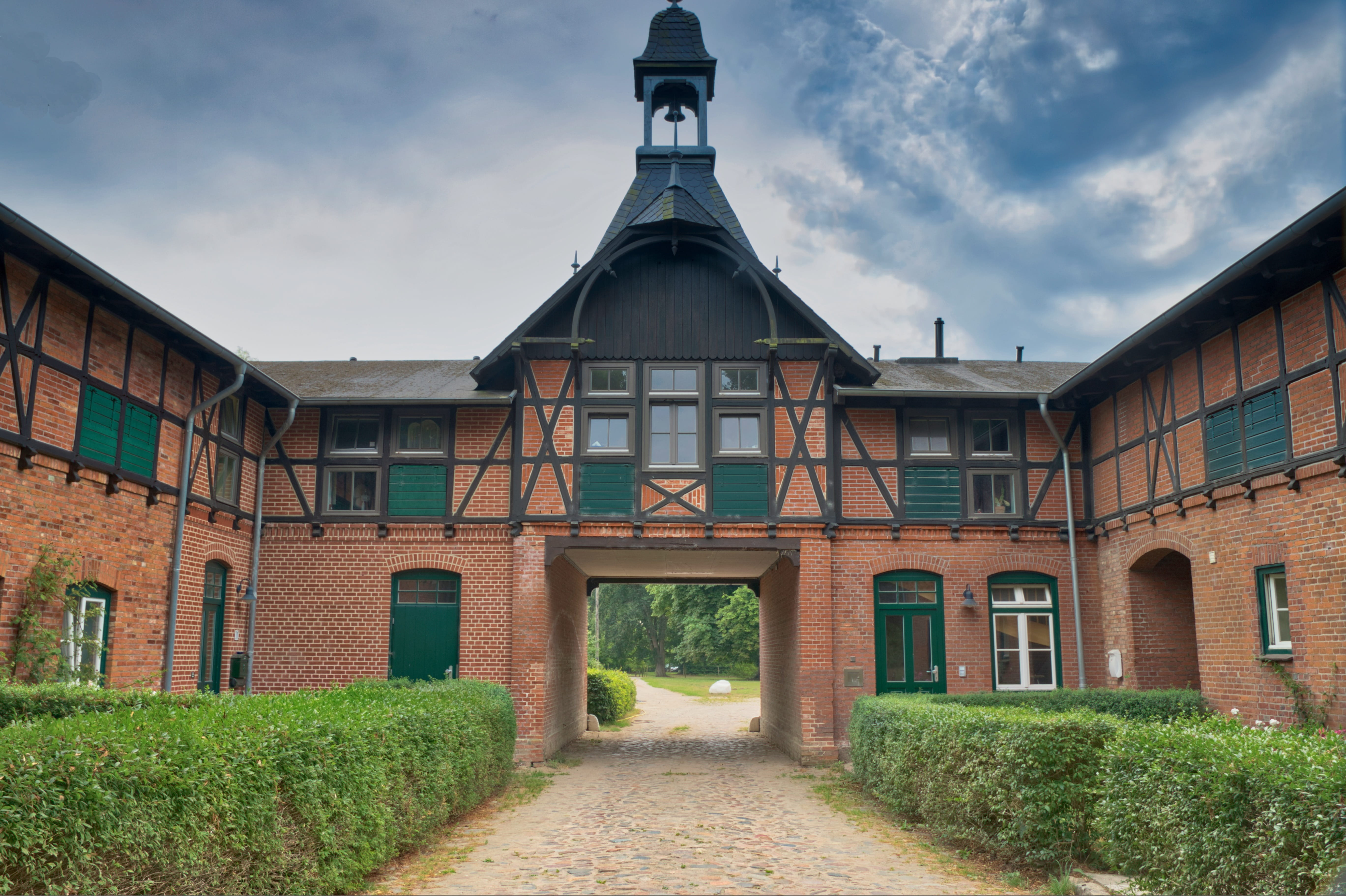 sky, reiterhof, house, green color, cloud - sky, outdoors, 5K, window, no people, brick, day, built structure, gateway, tree, plant, grass, hedge, footpath, HD Wallpaper