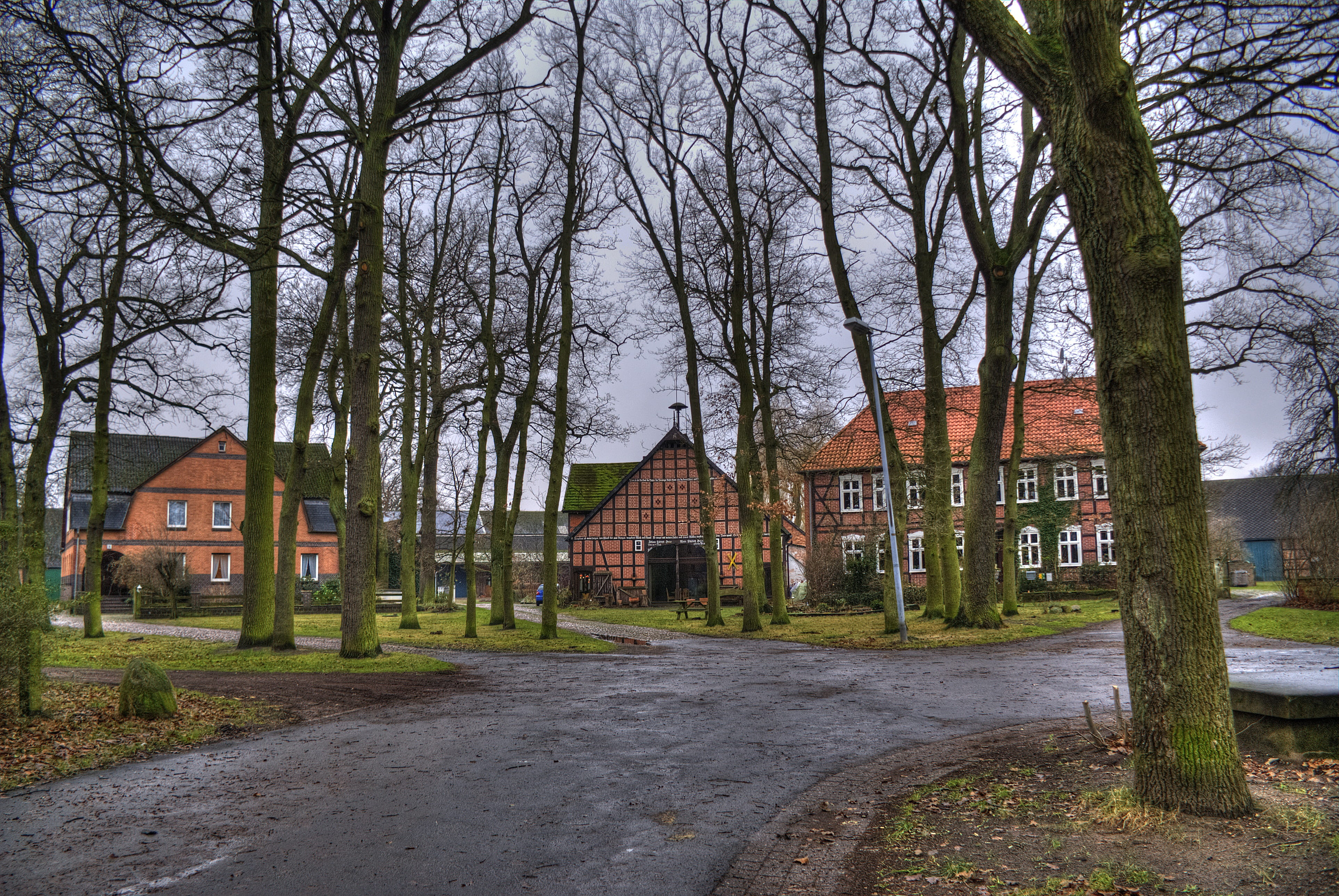 architecture, outdoors, sky, day, Space, trunk, Wendland, grass, building exterior, tree, fachwerkhaus, branch, house, truss, building, Rural, bare tree, HD Wallpaper
