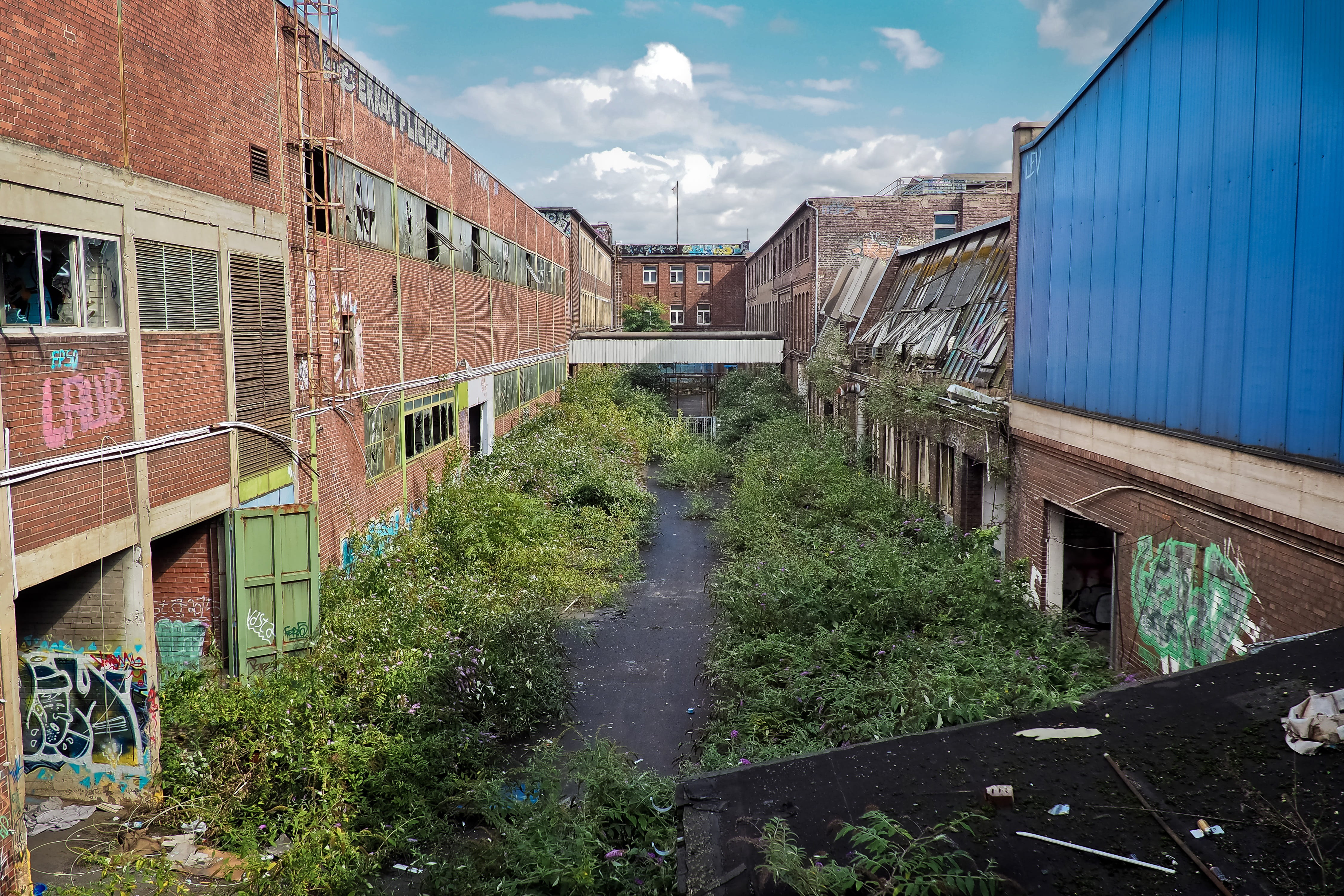 run down, overgrown, destroyed, no people, nature, old factory, pforphoto, cloud - sky, ruin, plant, atmosphere, day, dilapidated, creepy, transportation, HD Wallpaper
