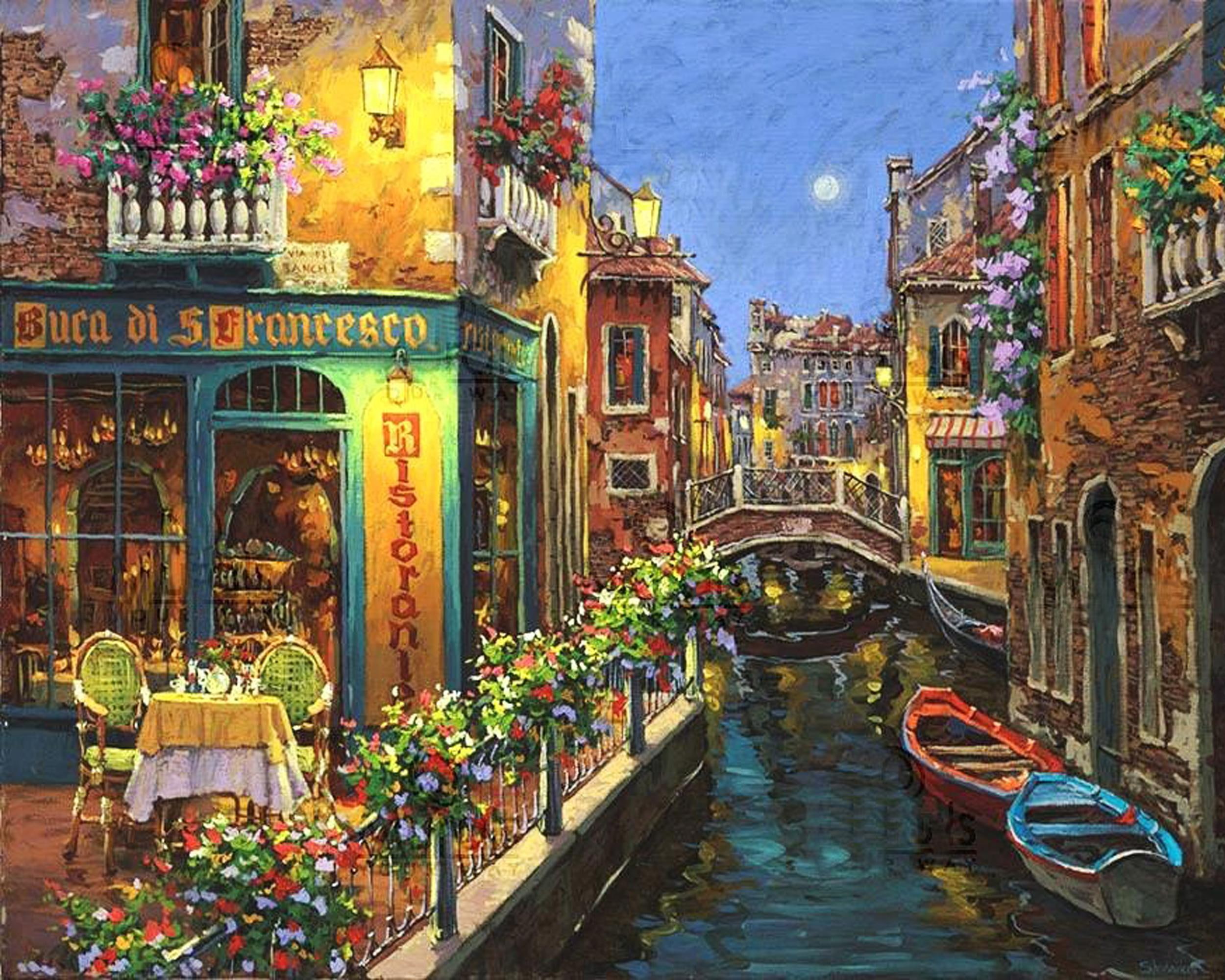 bokeh, 1080P, Swan, bridge, water, painting, Fred, mood, boats, drawing, building, Canal, city, HD Wallpaper