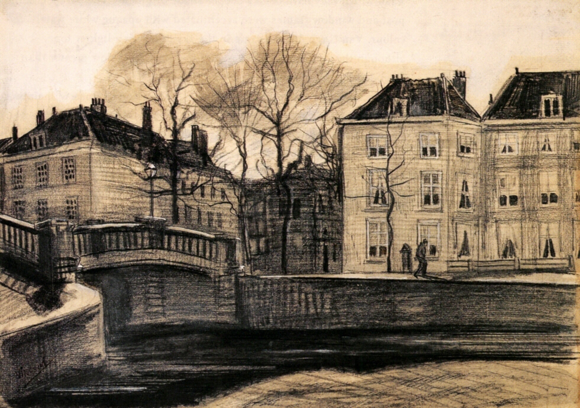 Drawings, on the Corner of Herengracht-Prinsessegracht, The Hague, Vincent van Gogh, Bridge and Houses, 1080P, HD Wallpaper