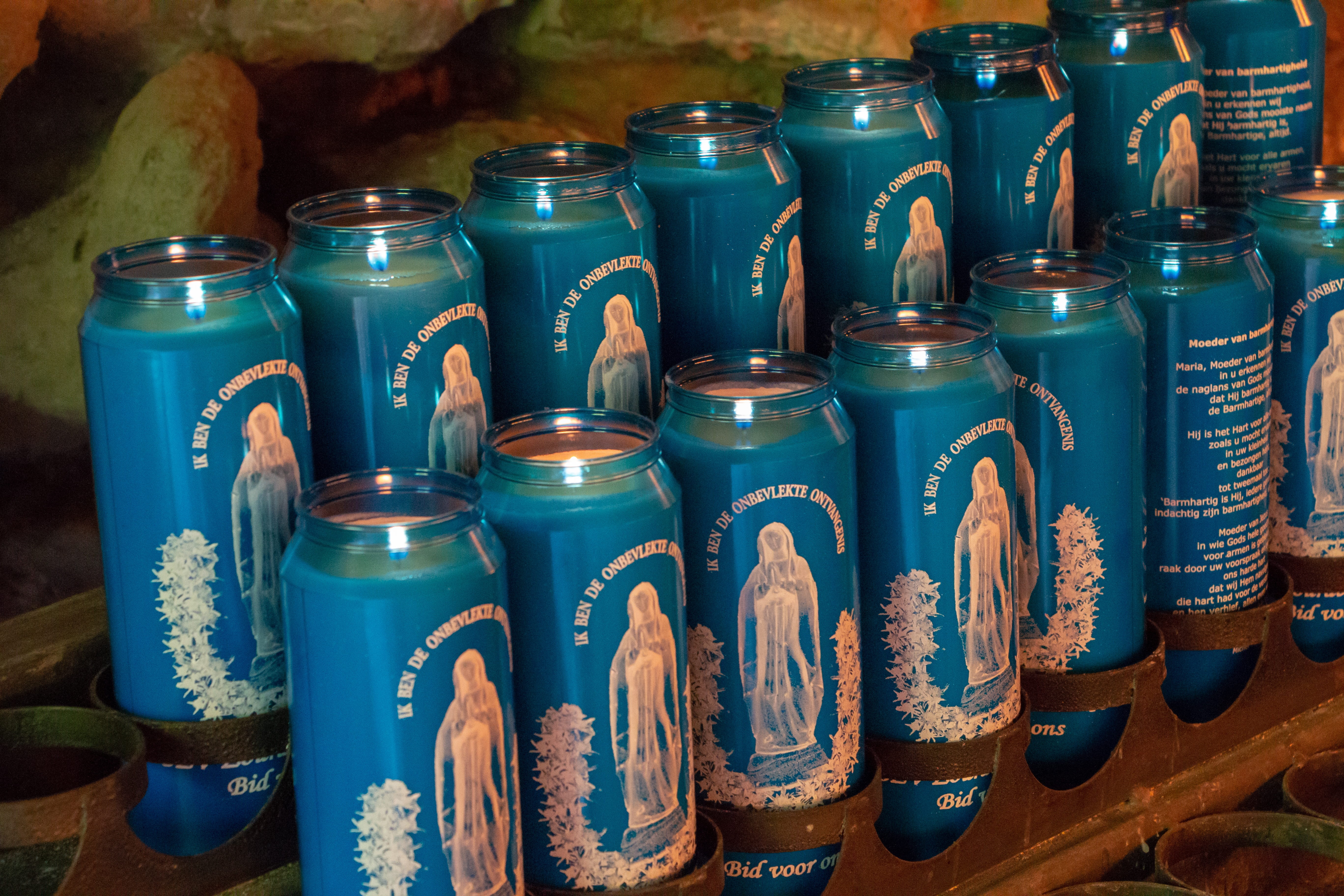 candles, pilgrimage, choice, light, transparent, food and drink, variation, arrangement, side by side, indoors, jar, table, blue, reflection, intention, HD Wallpaper