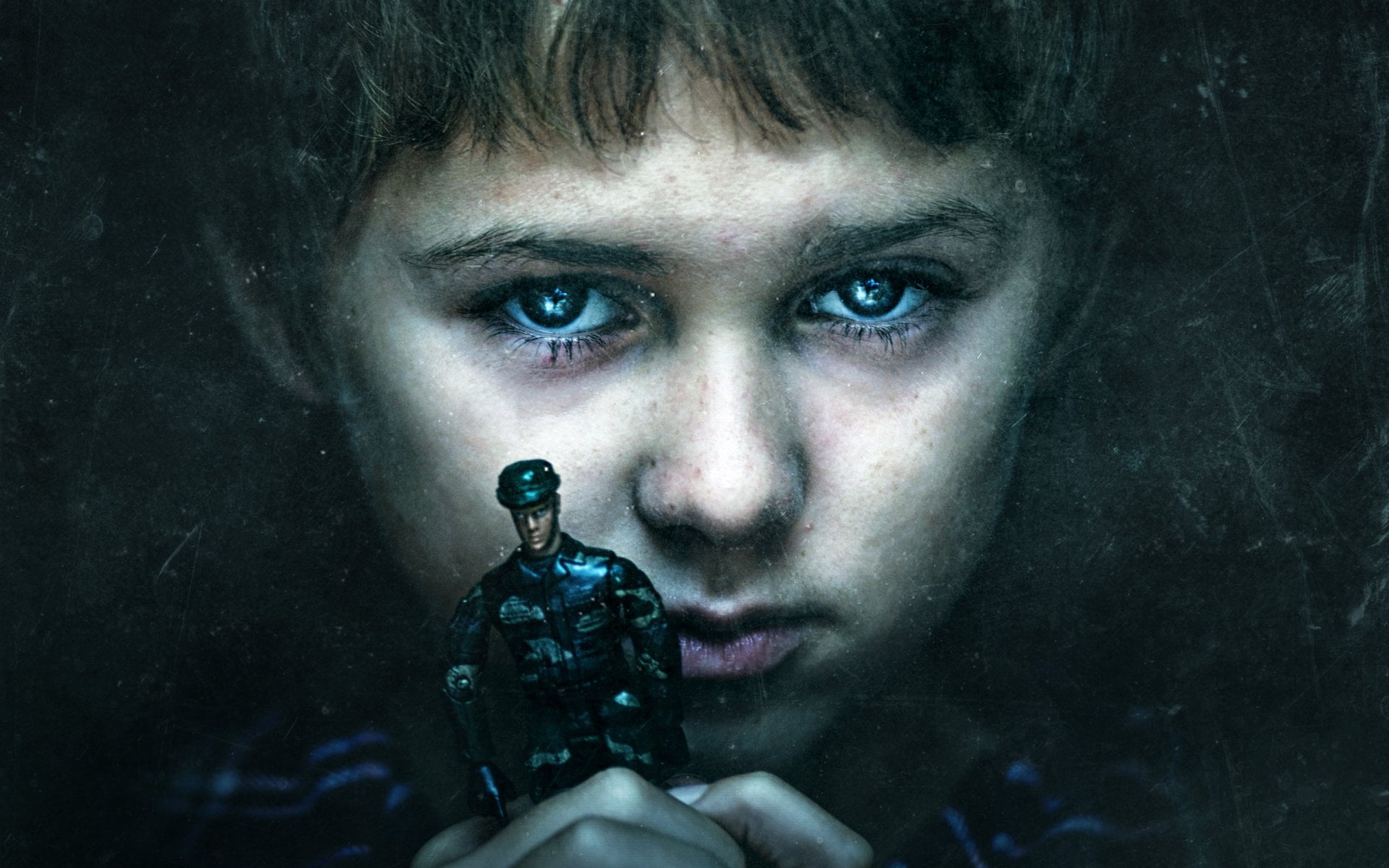 baby, aggression, hollywood, holding, evil, black background, teenager, adult, human face, intent, human body part, blue eyes, Hollywood Movies, horror, HD Wallpaper