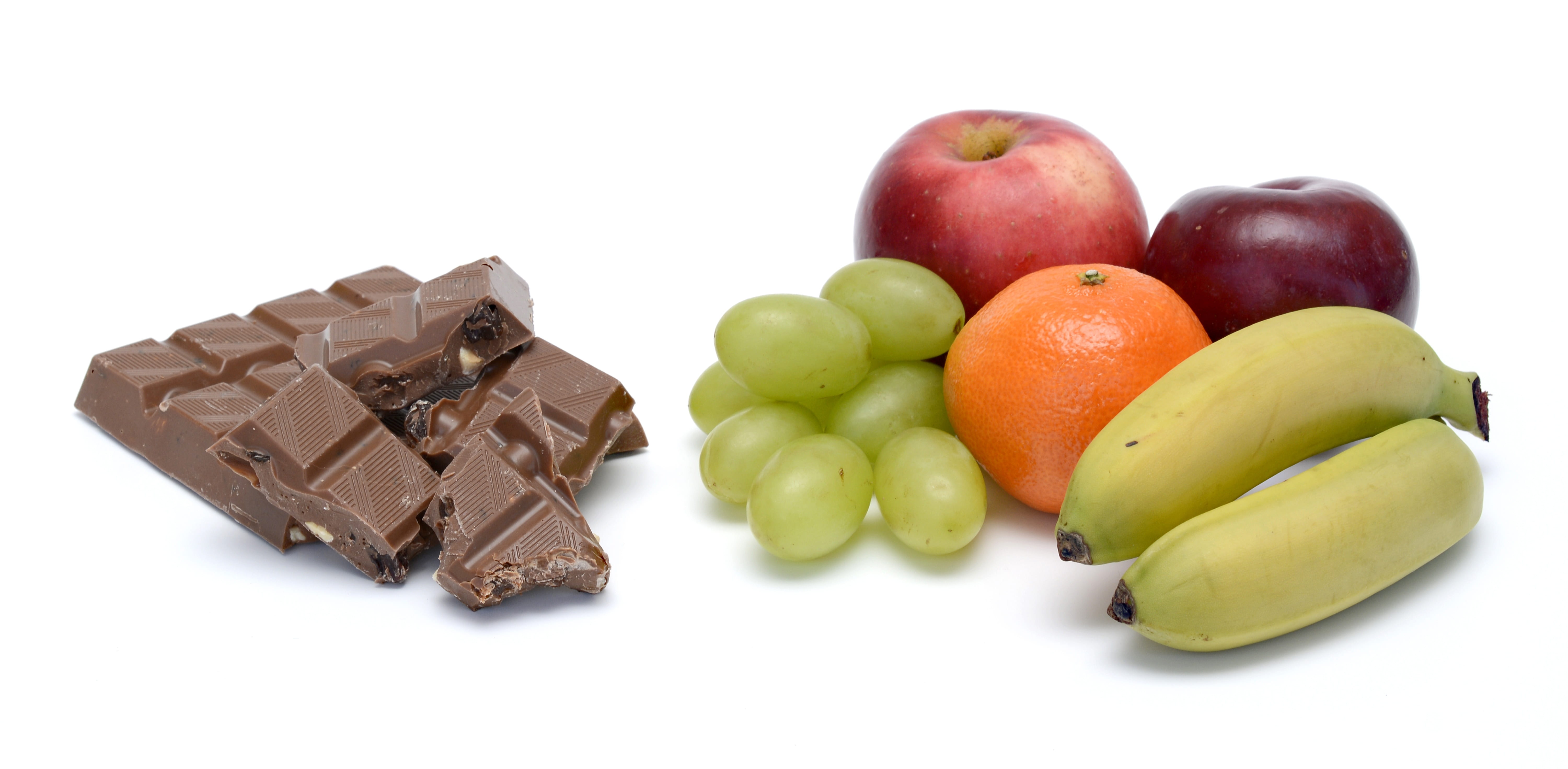 rich in vitamins, declaration of intent, unhealthy, chocolate, healthy eating, choice, white background, vitamins, projects, multi colored, apple, 5K, HD Wallpaper