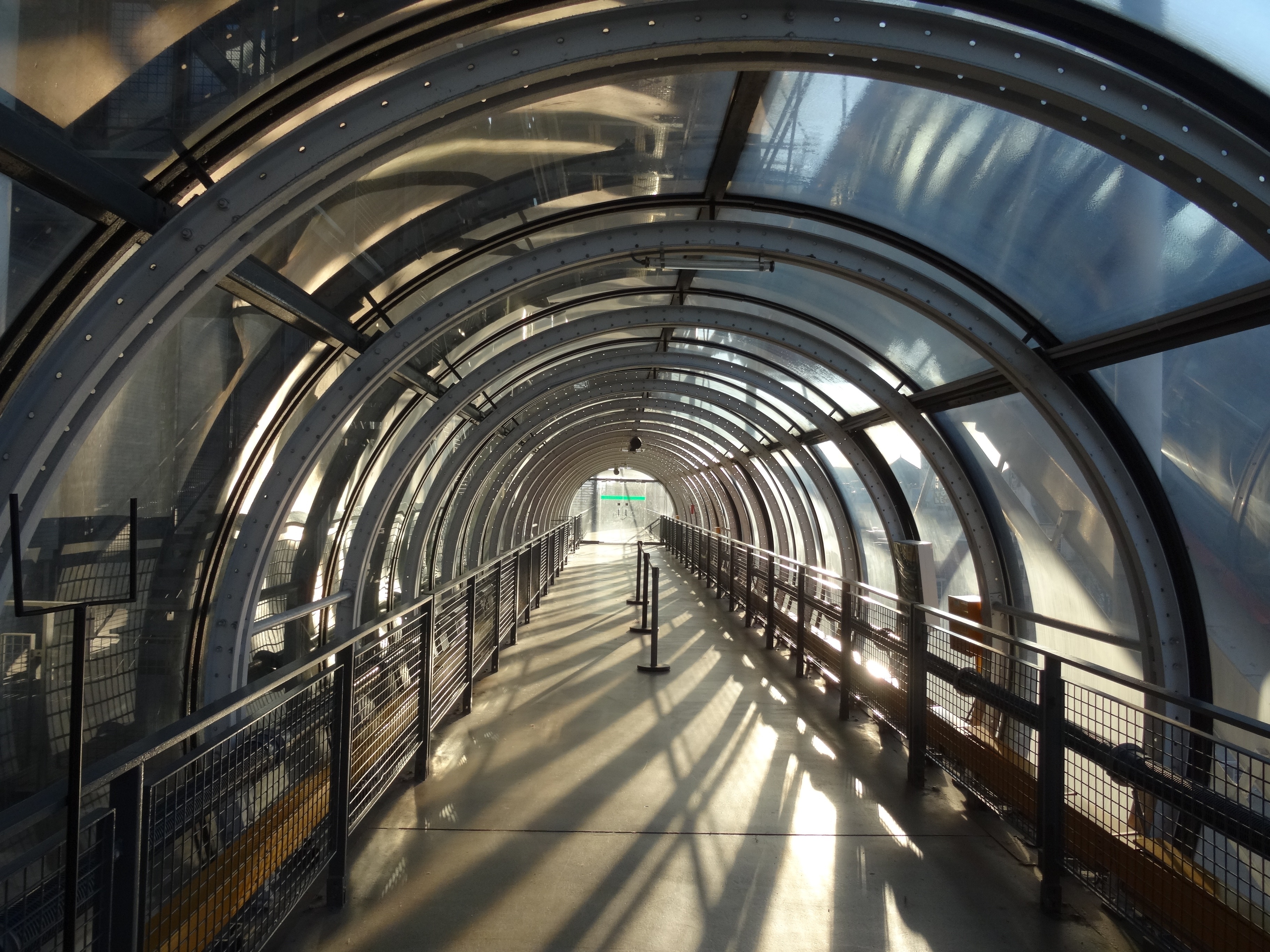 architecture, footpath, day, metal, built structure, paris, empty, sunlight, bridge, elevated walkway, direction, lighting, arch, center pompidou, moving walkway, HD Wallpaper