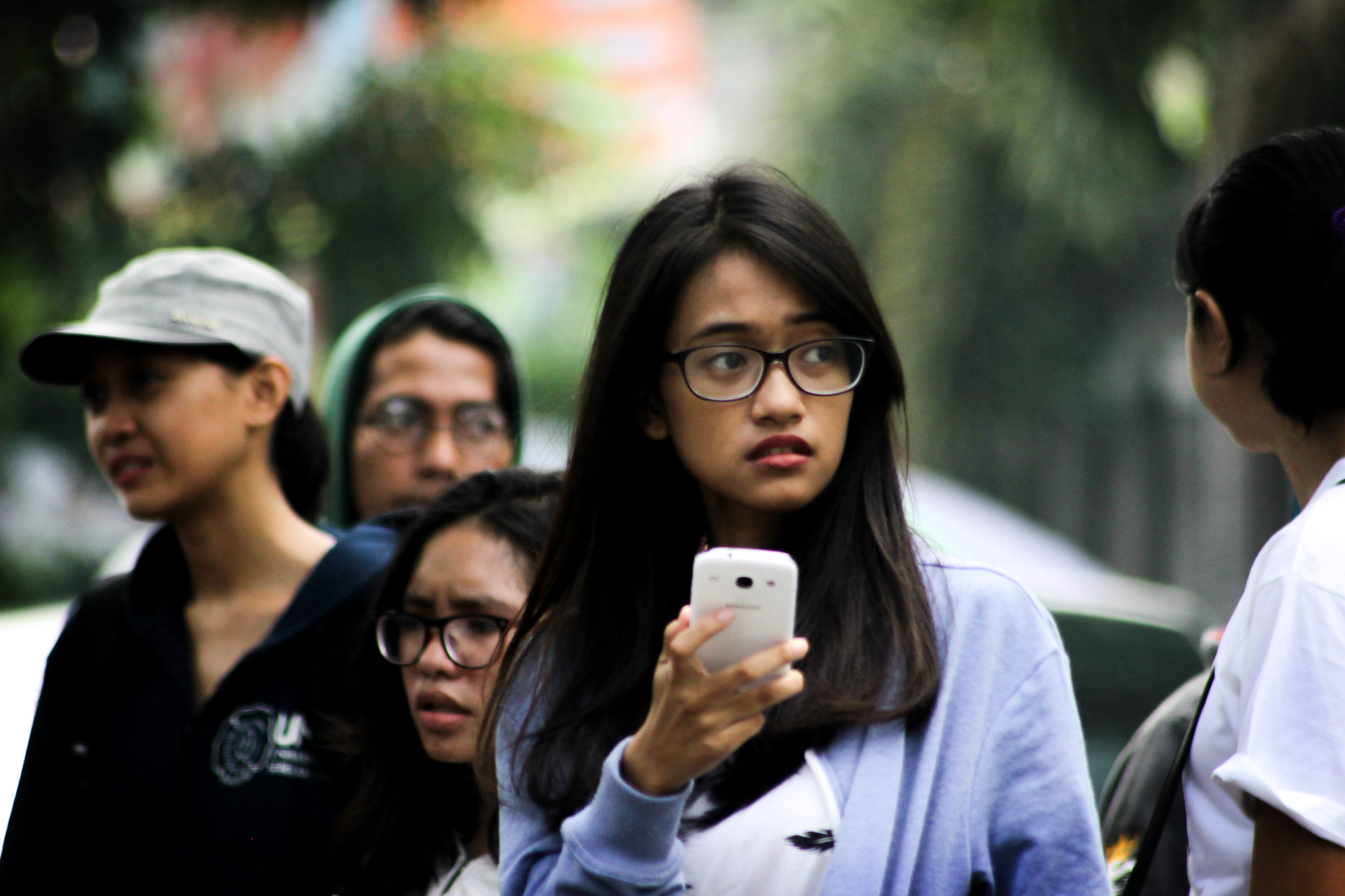 outdoors, glasses, eyeglasses, adult, group of people, young women, women, portrait, mobile phone, headshot, communication, 5K, technology, surakarta, HD Wallpaper