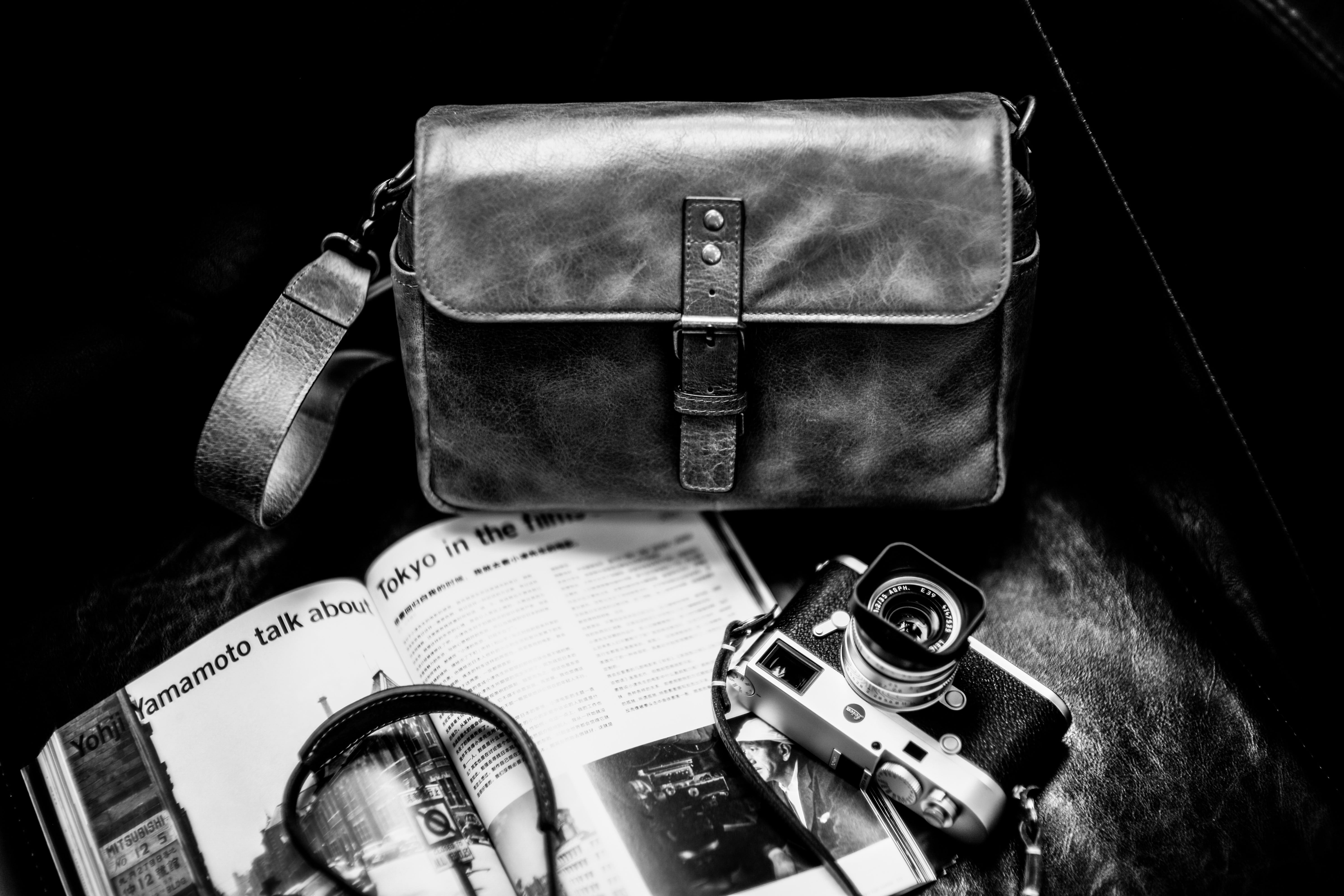 leather, photography, close-up, retro styled, 5K, indoors, beside, camera - photographic equipment, high angle view, still life, digital camera, milc, HD Wallpaper