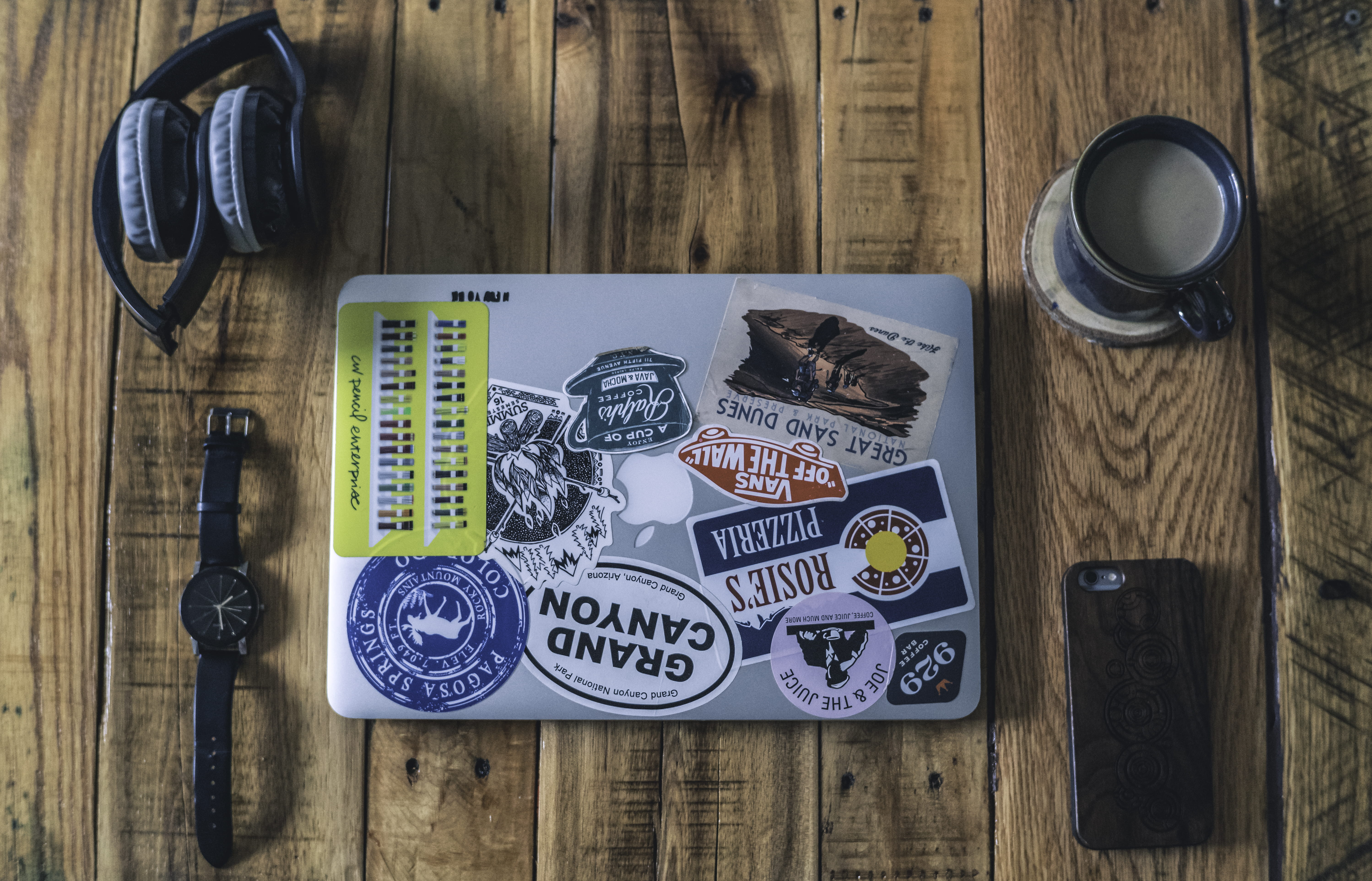 phone, vintage look, top, communication, wireless technology, watch, rustic, stickers, desk, 5K, directly above, work station, photography themes, apple, HD Wallpaper