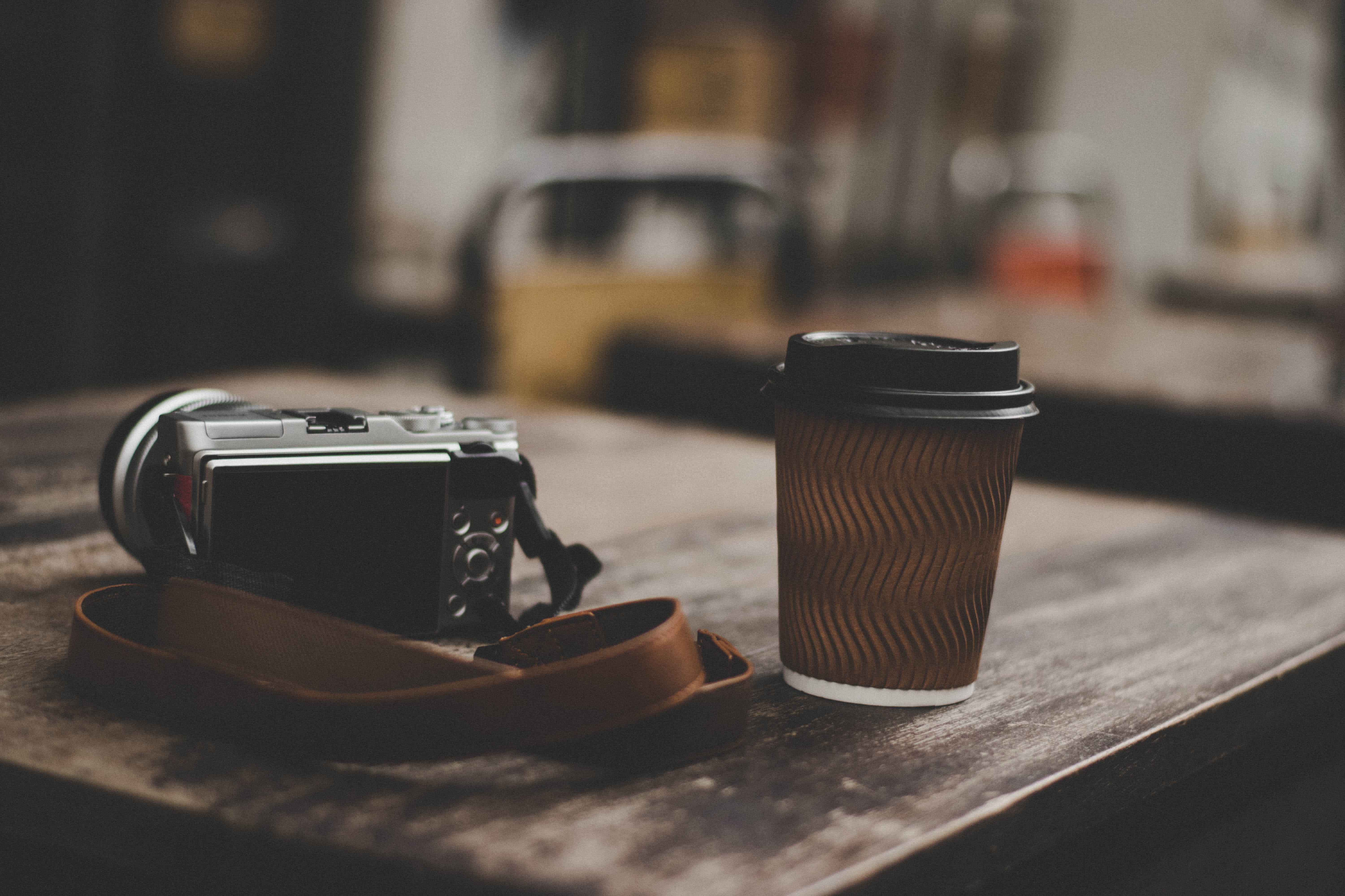 table, day, technology, shoot, cup, photography themes, still life, wood - material, lens - optical instrument, black, selective focus, indoors, equipment, HD Wallpaper