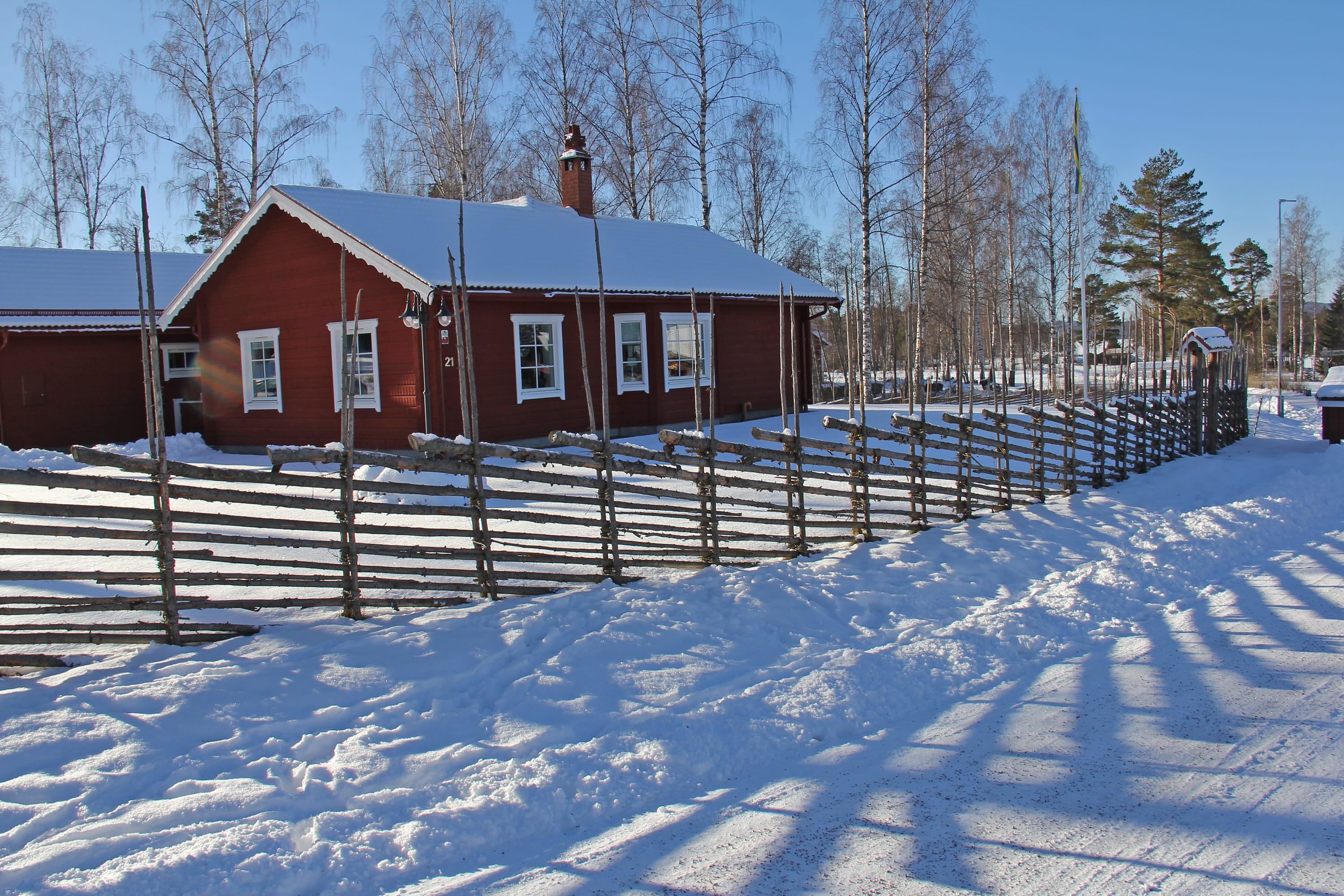 no people, wooden, Cold, 2K, white, sweden, shadow, blue, land, tree, charming, Beautiful, built structure, cottage, europe, sky, architecture, wood, building exterior, HD Wallpaper
