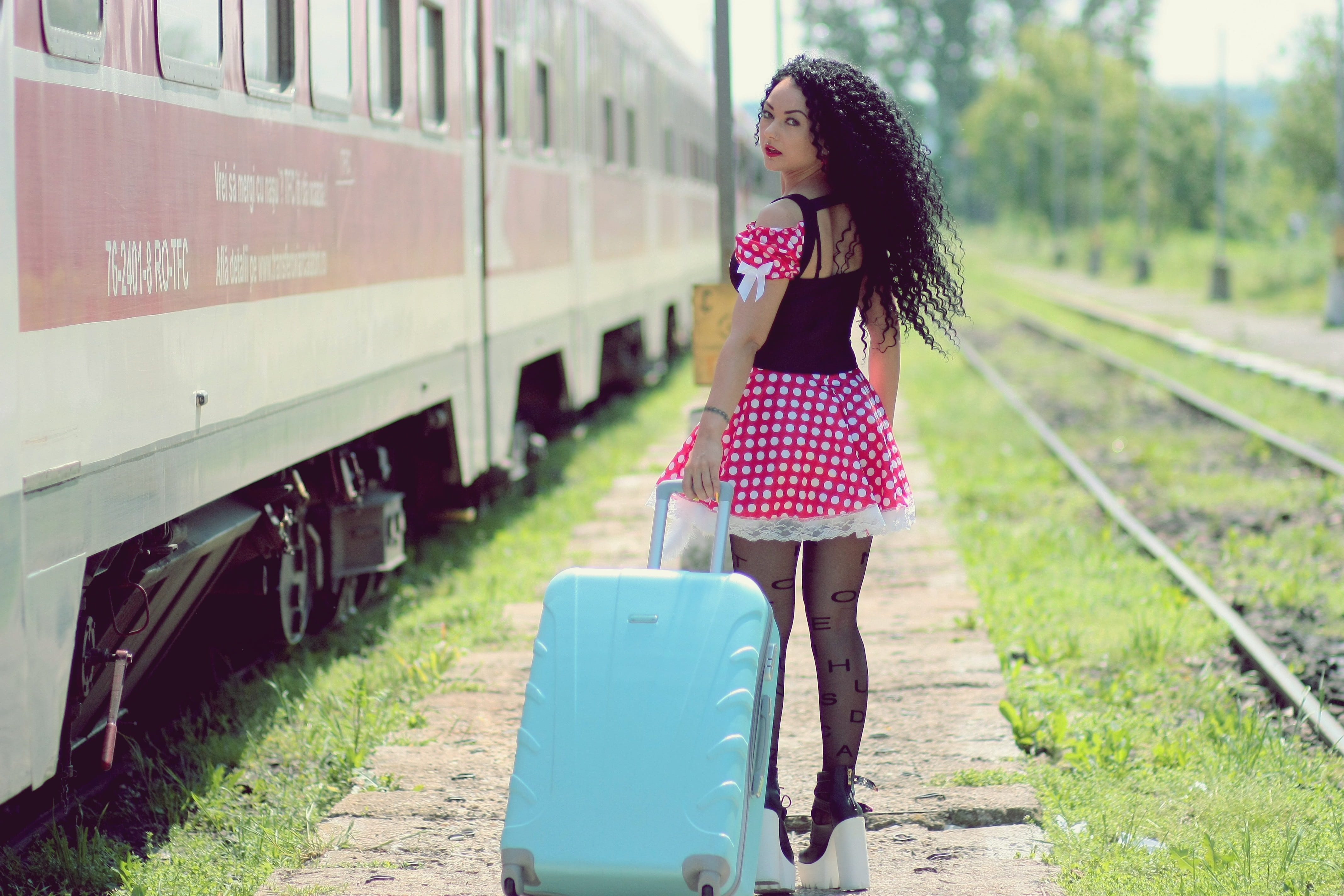 woman, white, long hair, 4K, red, baggage, journey, polka dots, one person, leaving, black, track, teal, adult, train, mode of transportation, waiting, HD Wallpaper