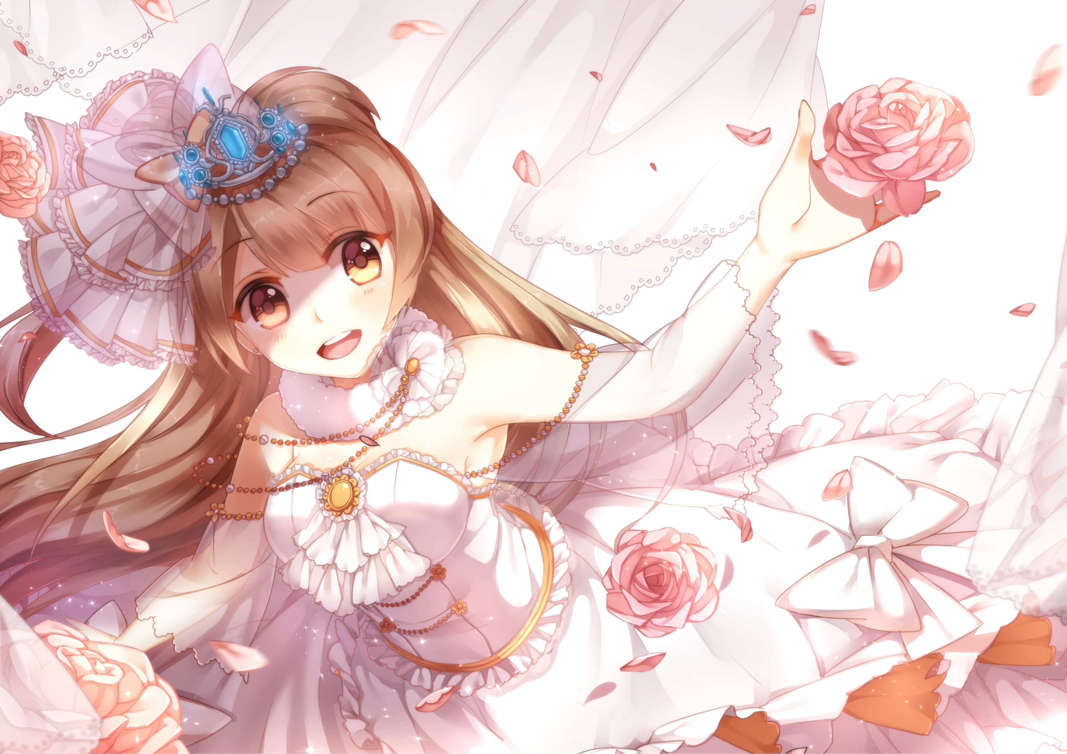 Kotori Minami, roses, brunette, 2K, wedding dress, Love Live!, white dress, brown eyes, HD Wallpaper