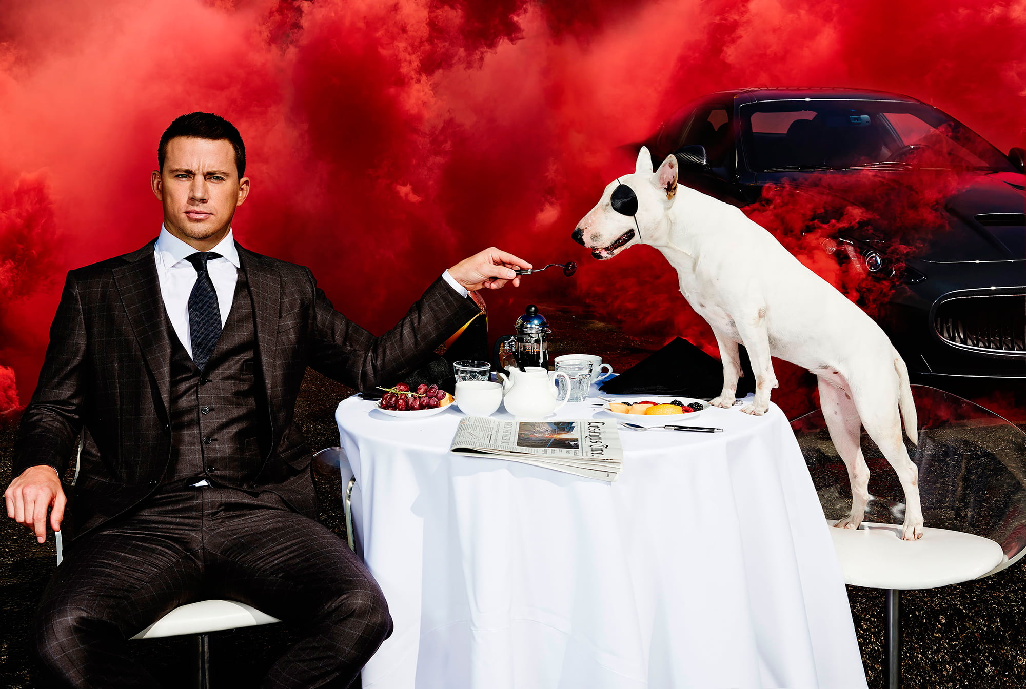 white color, business, red, men, sitting, photoshoot, 1080P, front view, table, Channing Tatum, Esquire, domestic animals, bizarre, indoors, event, September 2014, HD Wallpaper